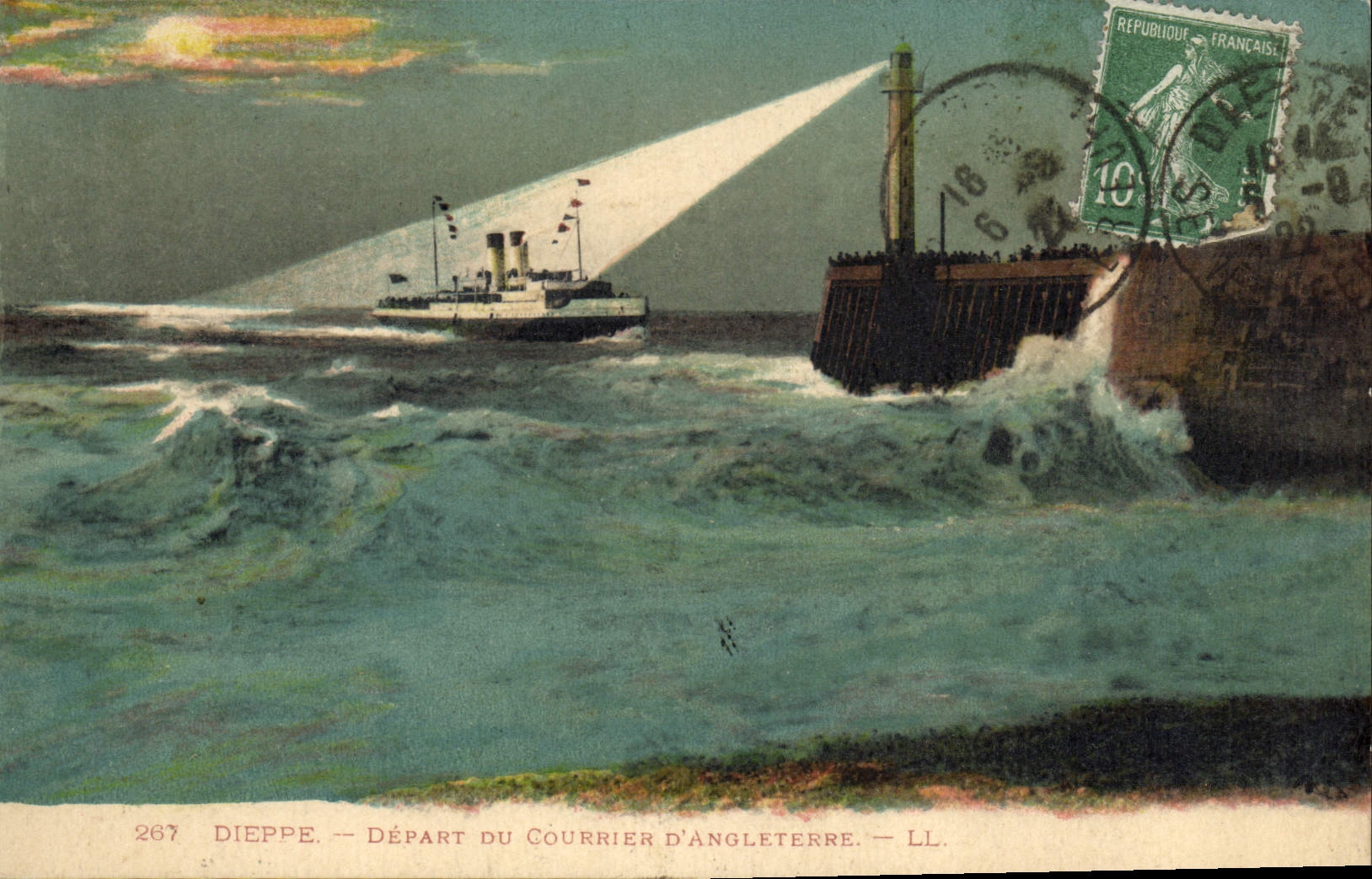 Vintage Postcard Headlight Dieppe Departure of the mail Of England Boat