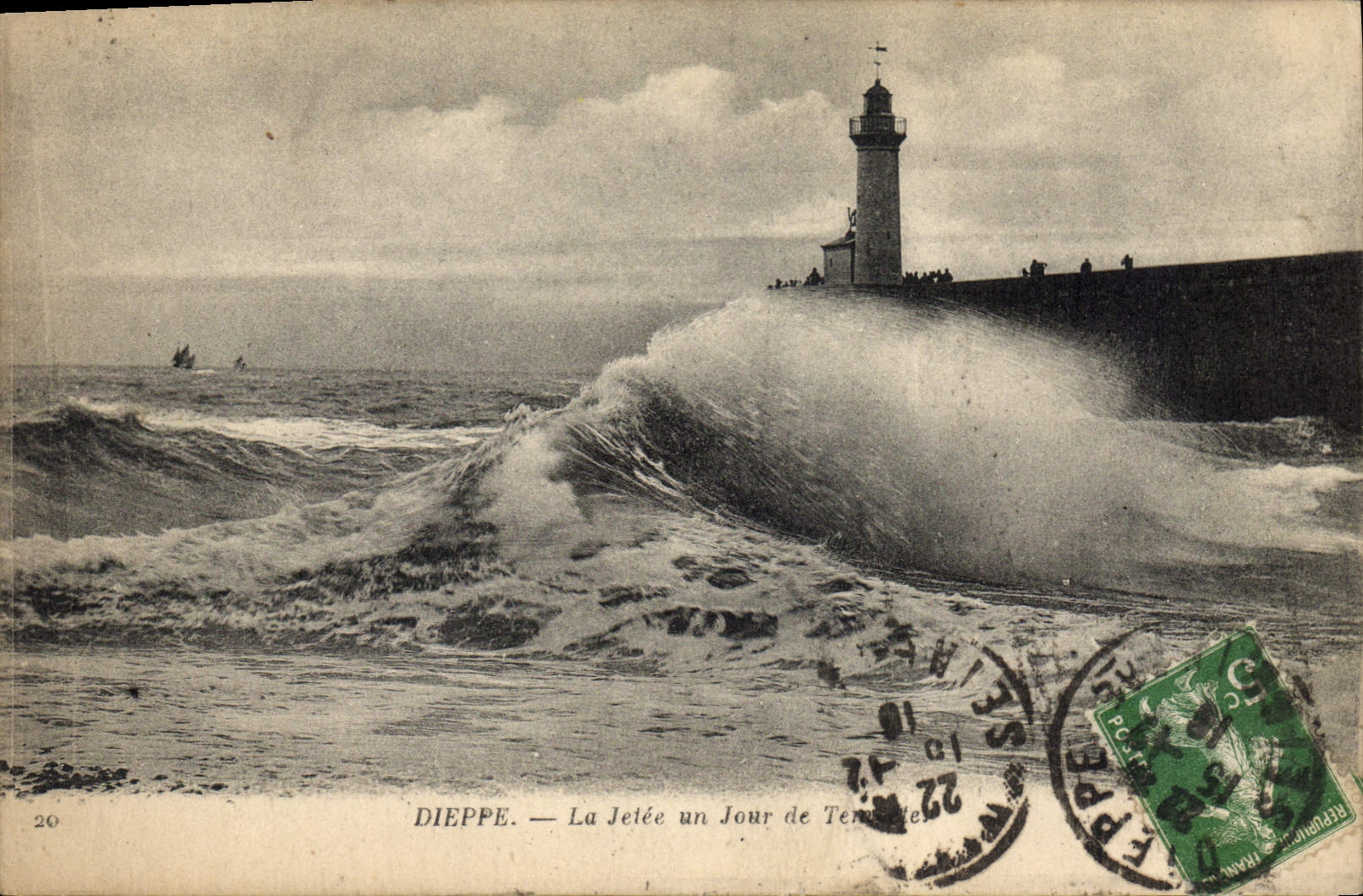Vintage Postcard Dieppe Headlight the pier one day of storm