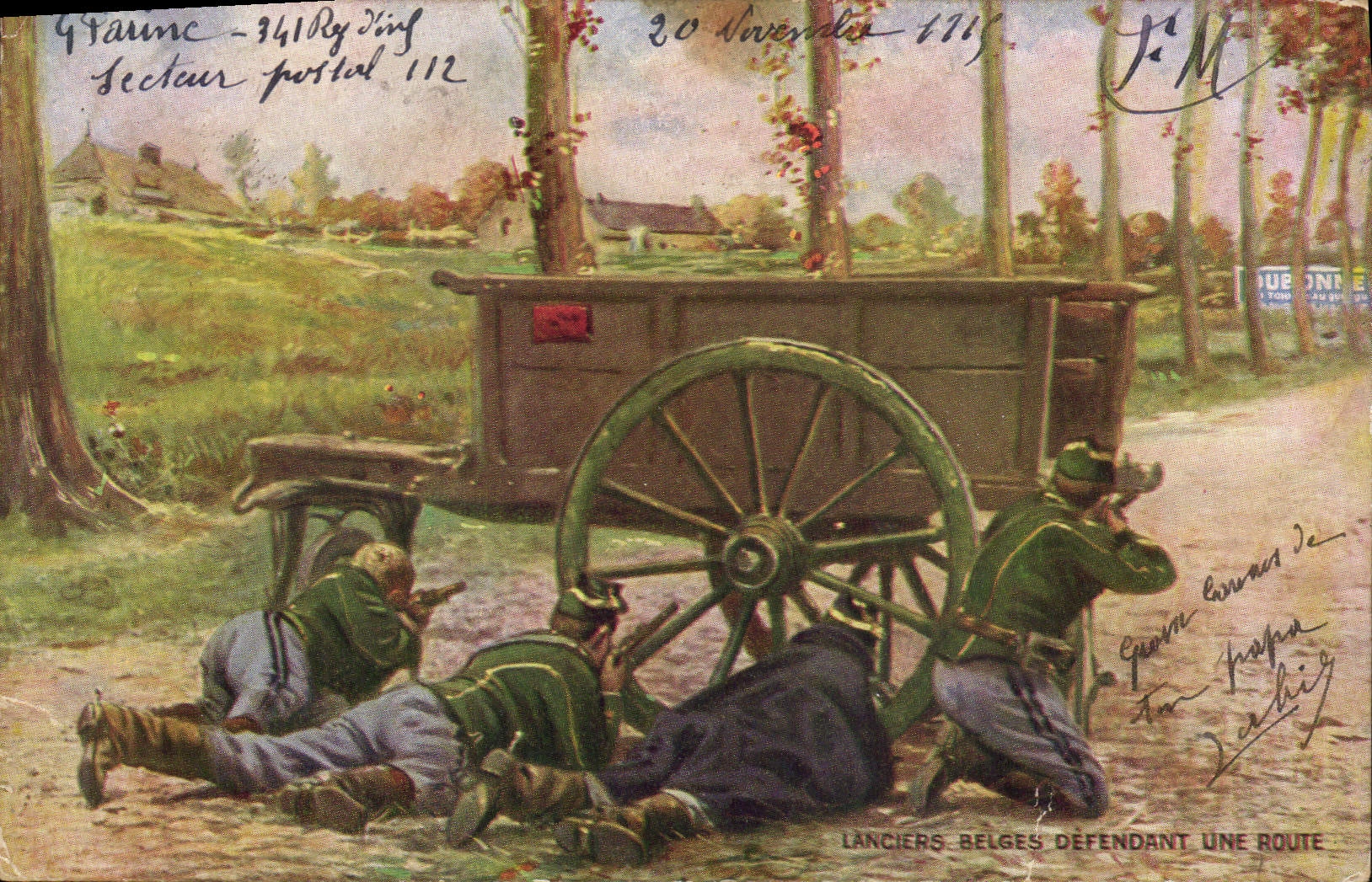 Vintage Postcard Militaria Belgian Lancers defending a road