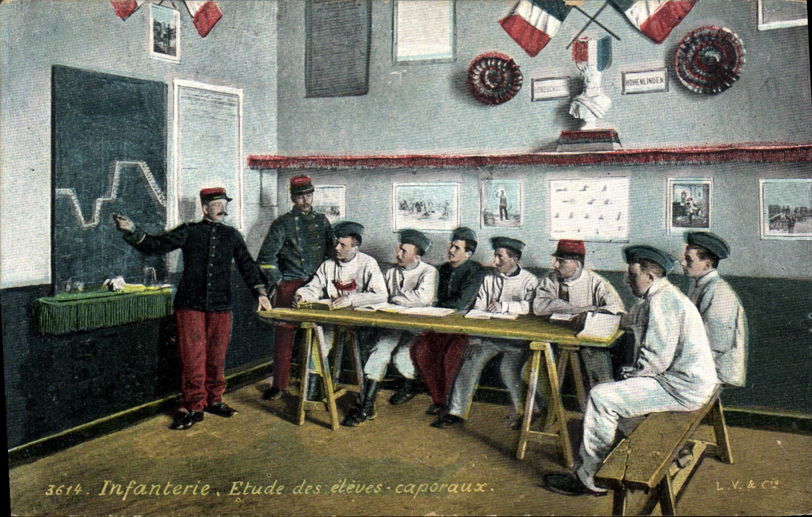 Postal Militaria Infantería Estudio elevados de los cabos