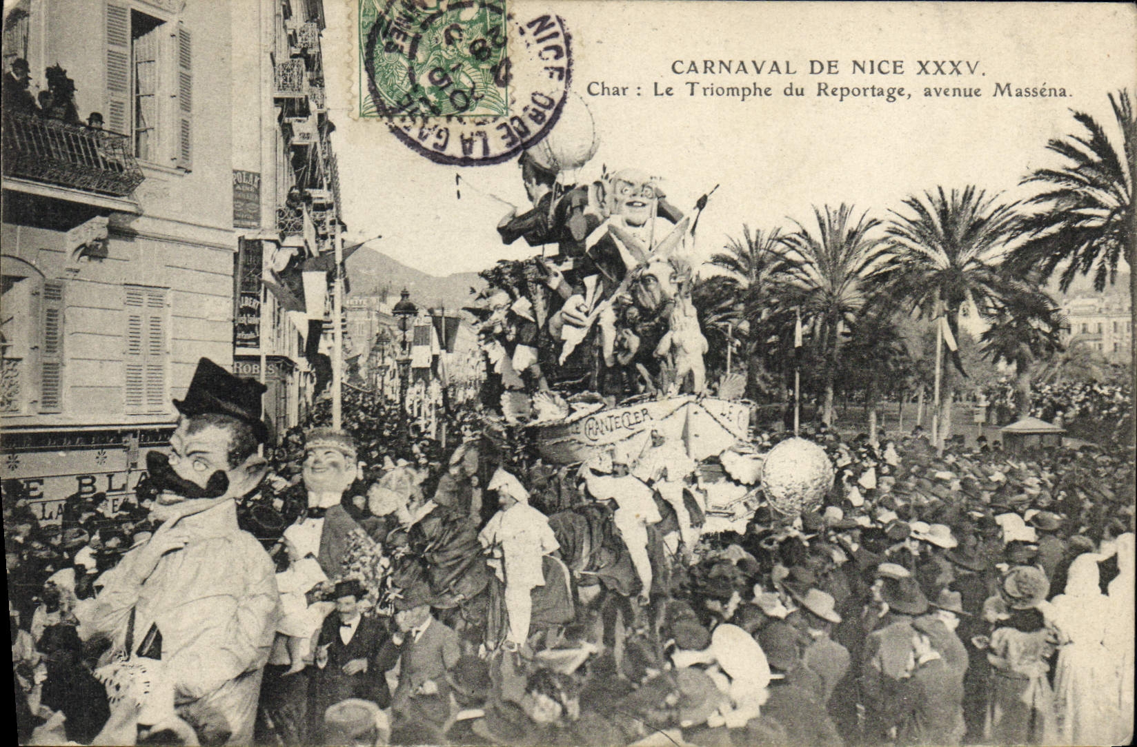 CPA Fantaisie Journaux Journal Carnaval de Nice XXXV Char Le Triomphe du reportage Avenue Massena Chantecler