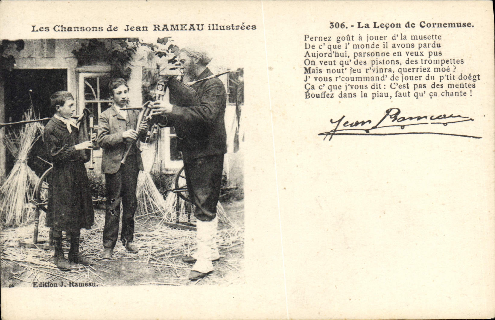 CPA Folklore Les chansons de Jean Rameau illustrees La lecon de cornemuse