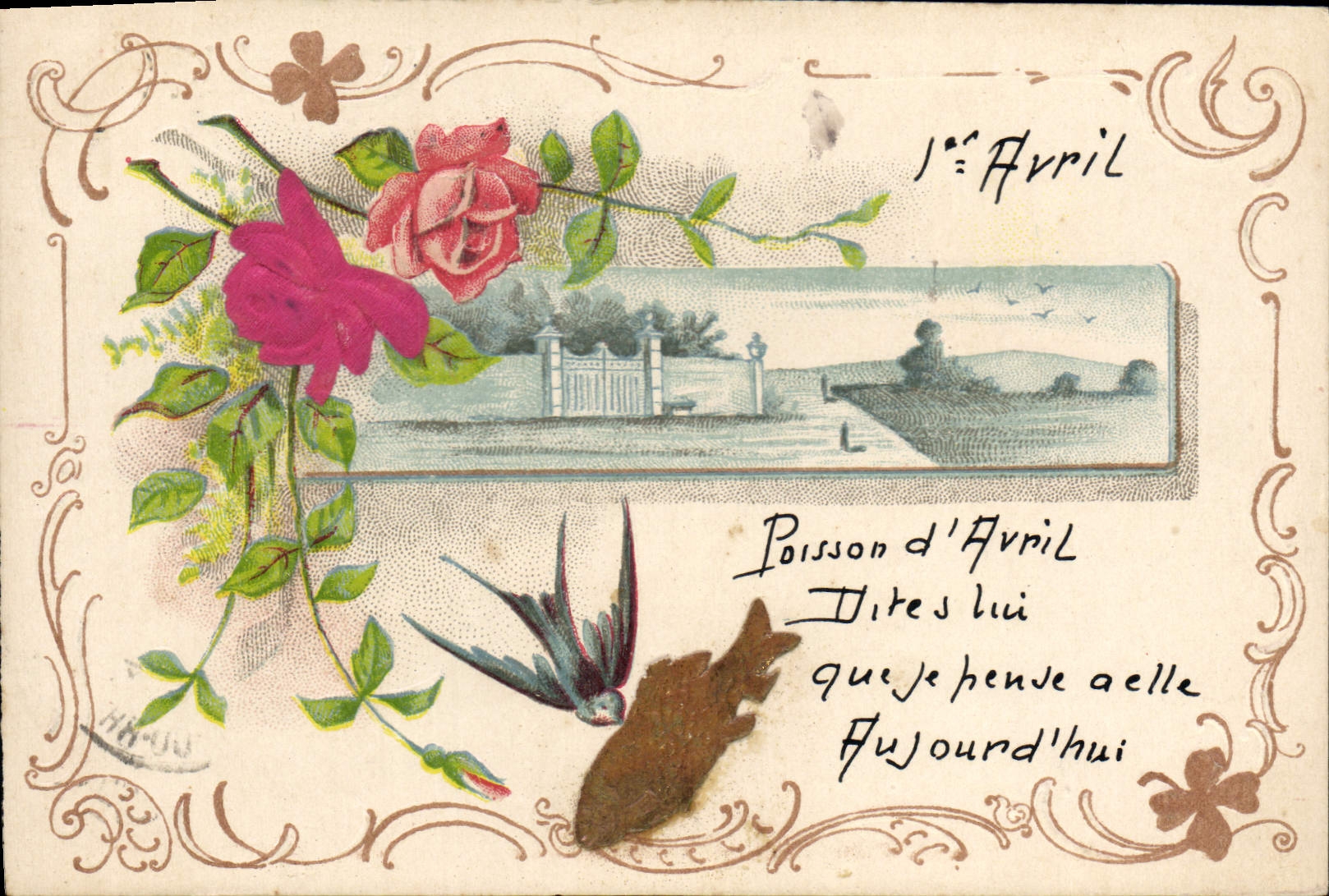 CPA Fantaisie Fleurs Poisson Hirondelle