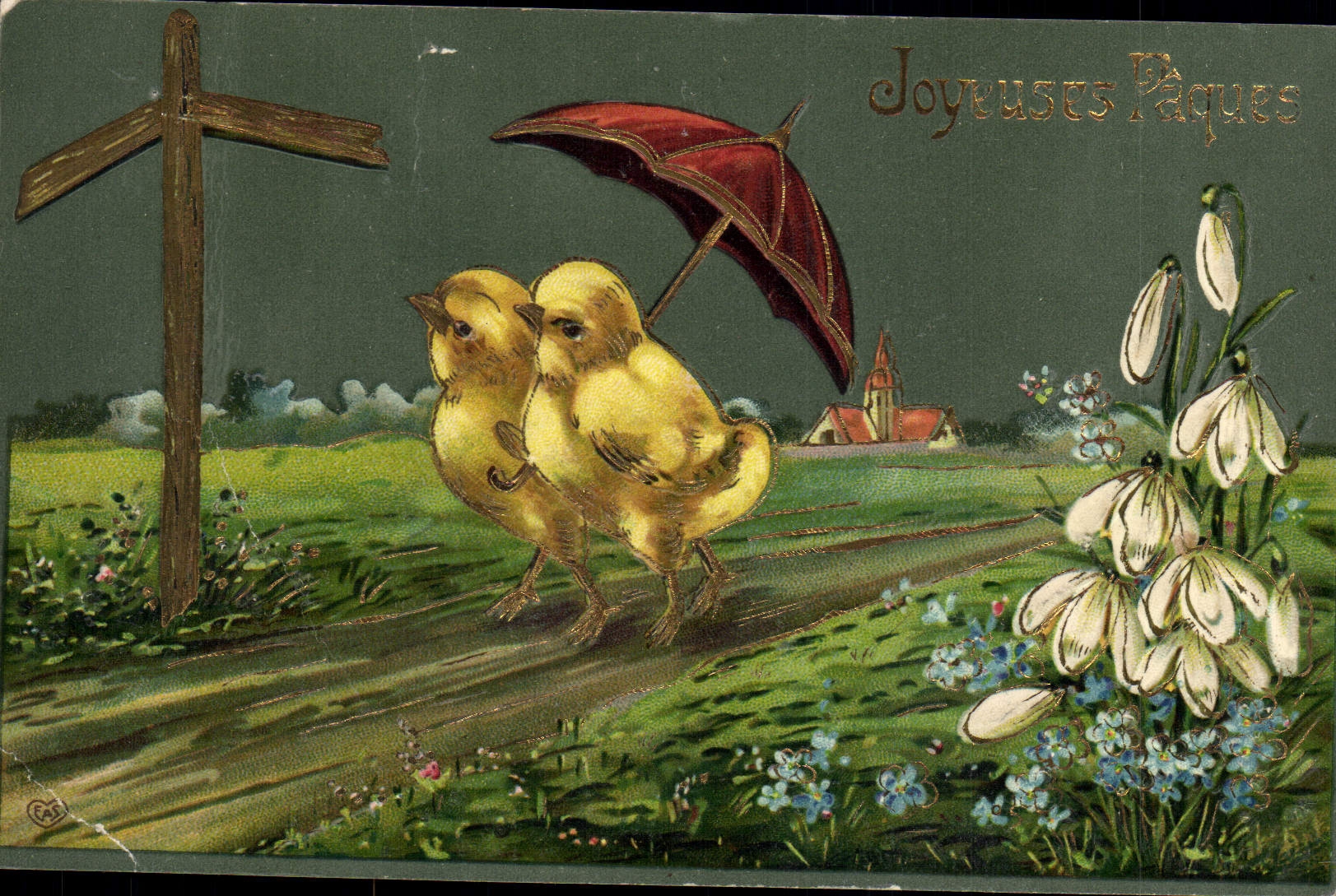 CPA Fantaisie Fleurs Poussins Paques