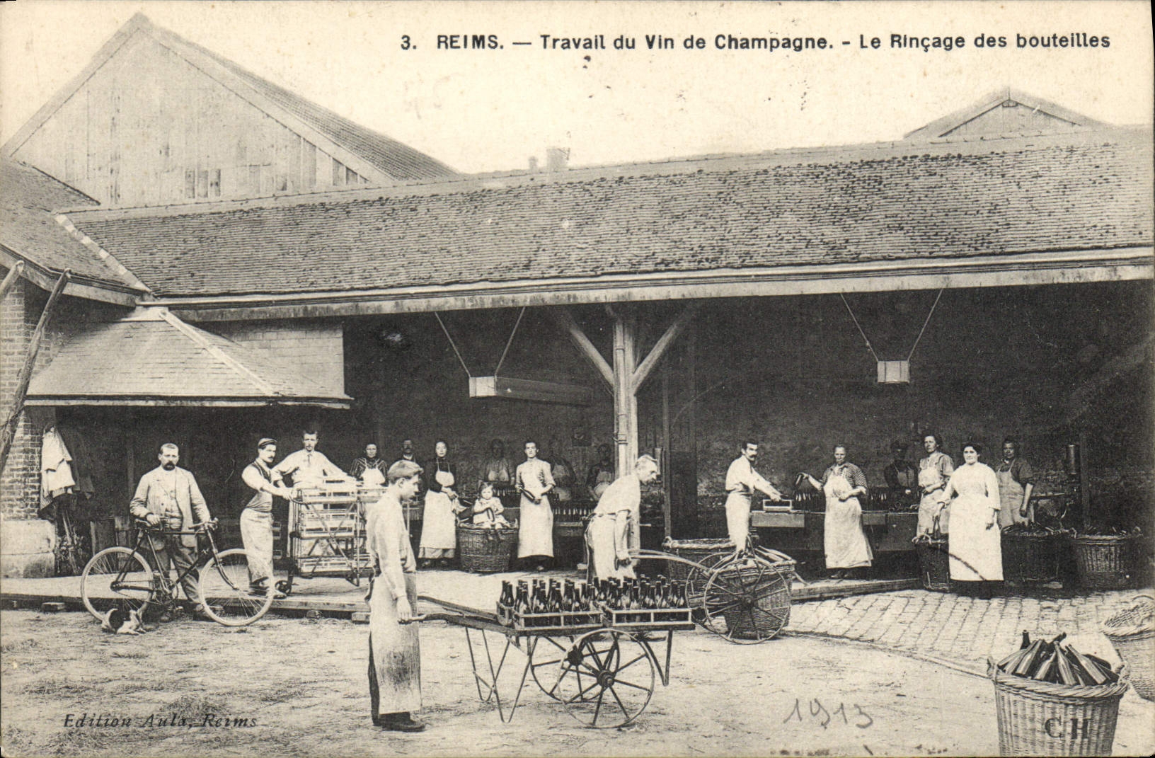 Postal Folclore Vid Vendimias Reims Trabajo del vino de Champaña el enjuague de las botellas CUMBRE