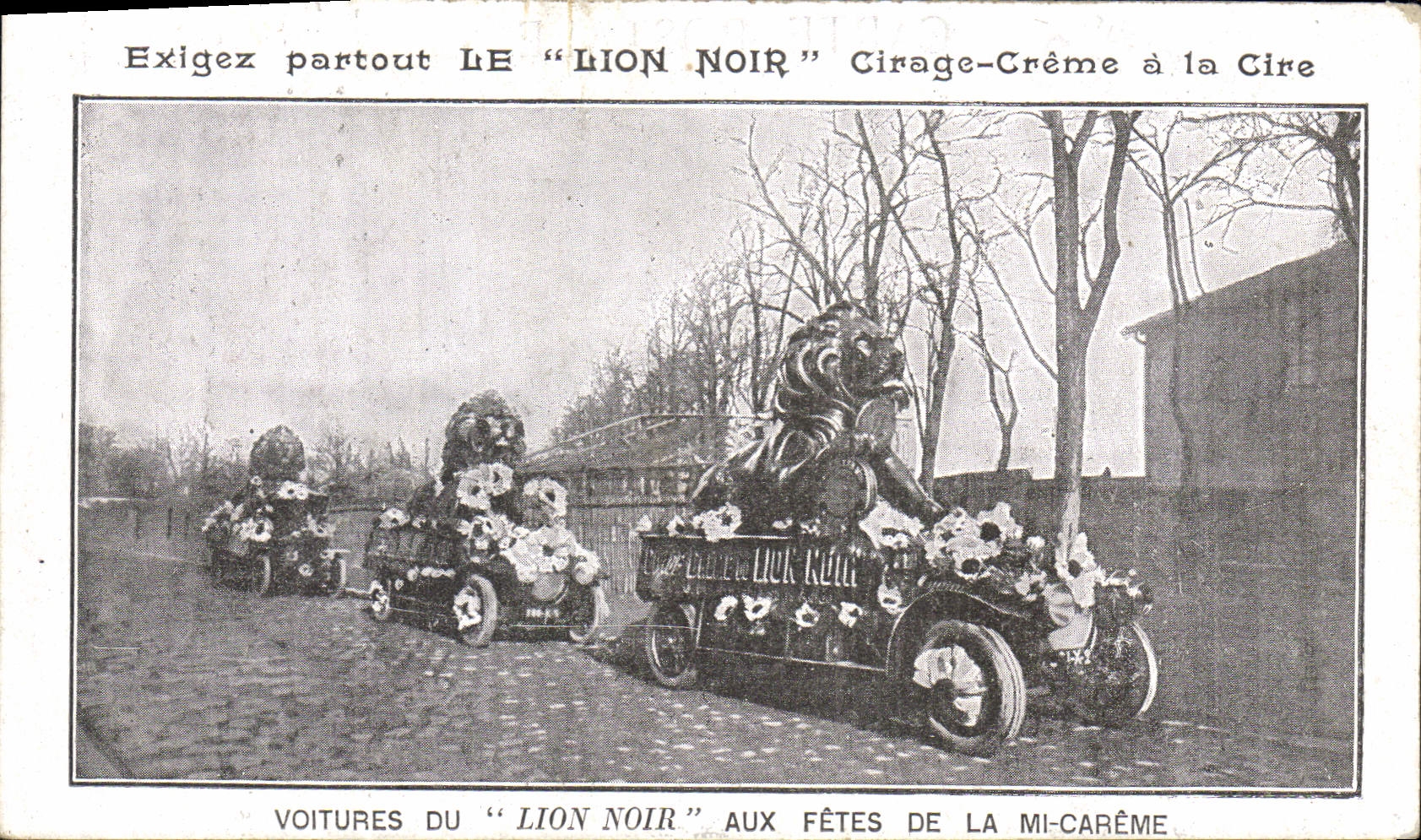 CPA Publicite Le Lion Noir Cirage creme a la cire Voitures du Lion Noir aux fetes de la mi careme 