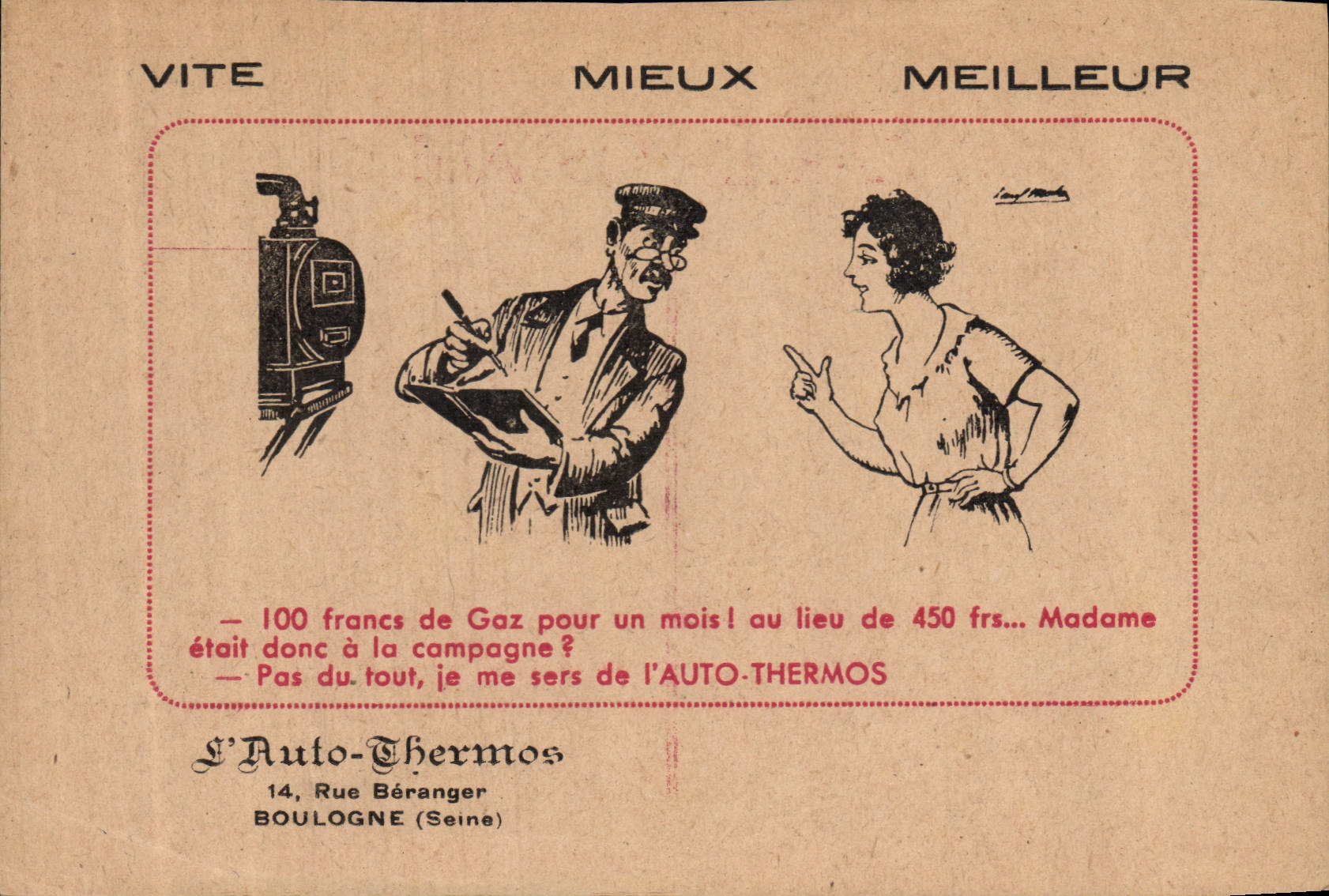CPA Publicite Vite Mieux Meilleur Auto Thermos Rue Beranger Boulogne 