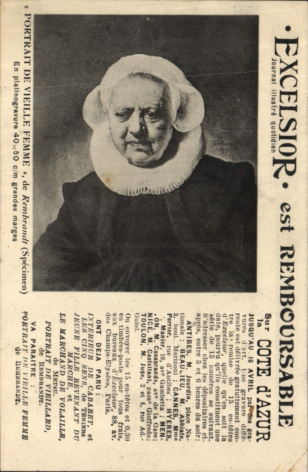 CPA Publicite Excelsior Portrait de vieille femme Rembrandt Cote d''Azur