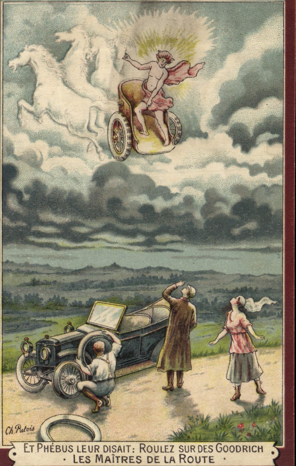 CPA Publicite Et Phebus leur disait Roulez sur des Goorich Les maitres de la route pneus Automobile TOP