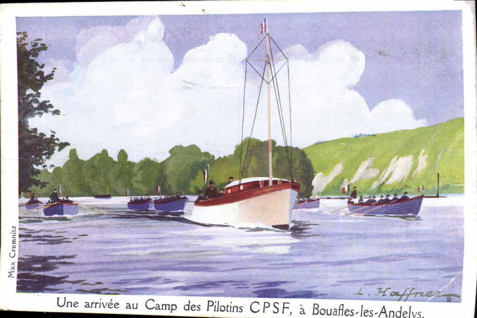 CPA Fantaisie Illustrateur Haffner Bateau Une arrivee au Camp des Pilotins CPSF a Bouafles les Andelys
