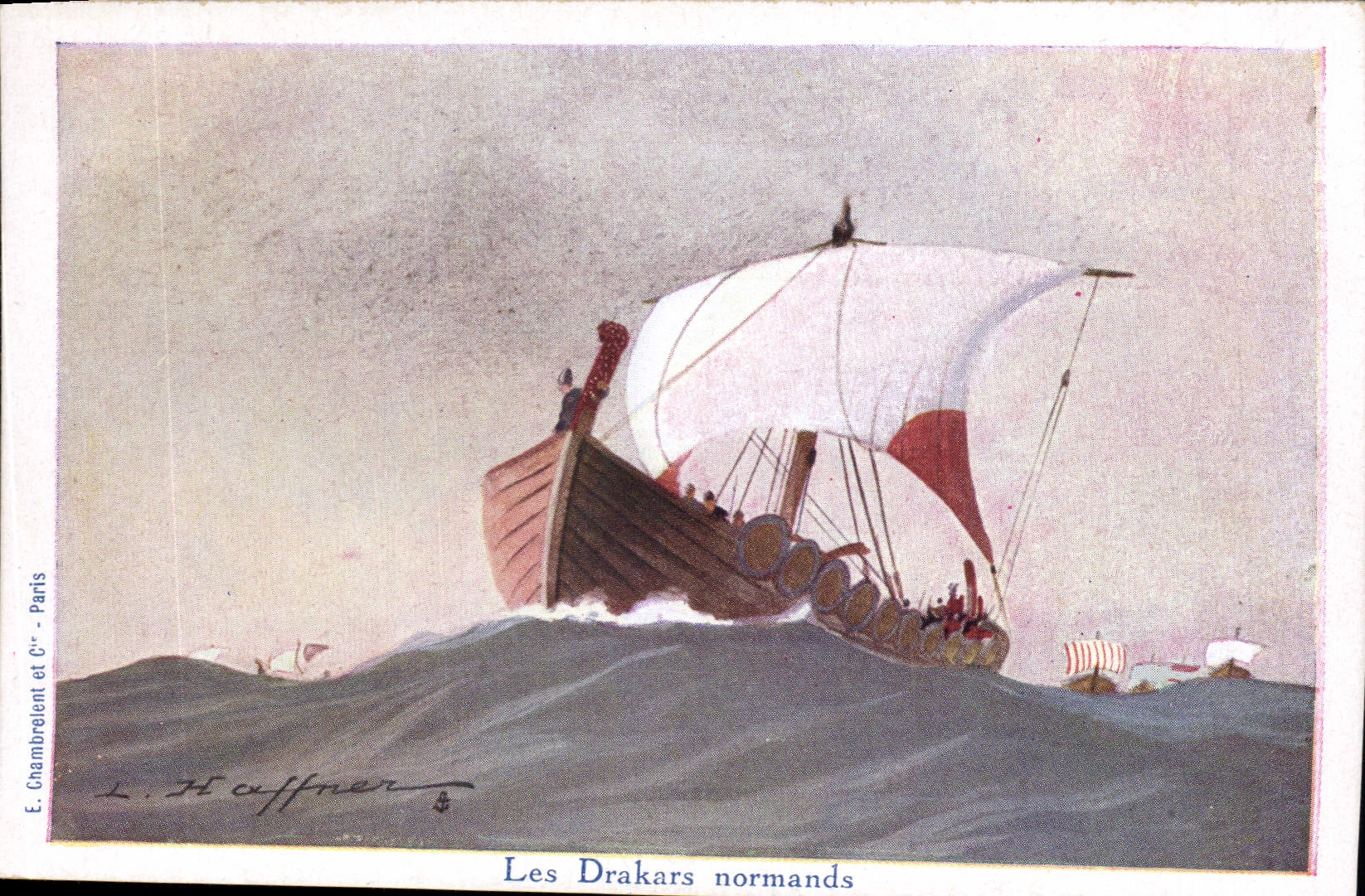 Postal Fantasia Ilustrador Haffner Barco el Drakars Normandos
