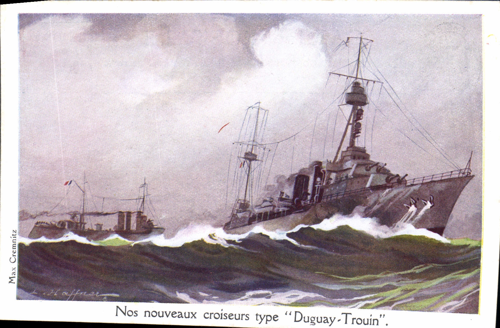 Postal Fantasia Ilustrador Haffner Buque de Guerra Cruceros Tipo Duguay Trouin