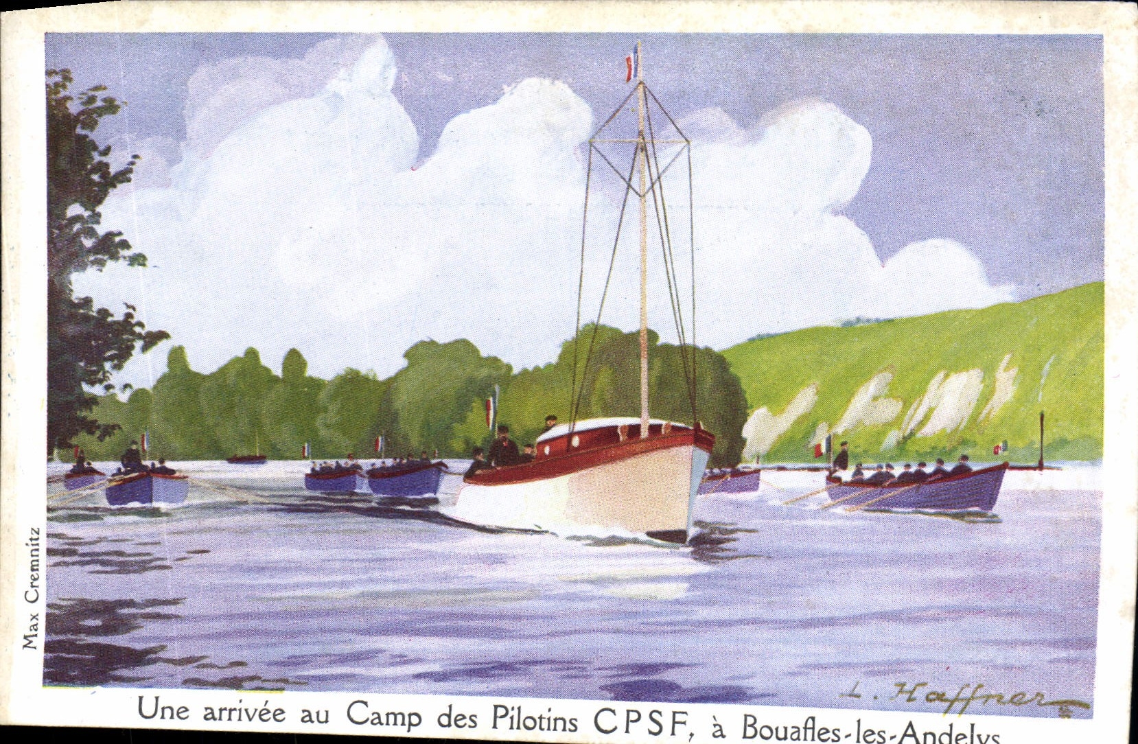 CPA Fantaisie Illustrateur Haffner Bateau Une arrivee au Camp des Pilotins CPSF a Bouafles les Andelys