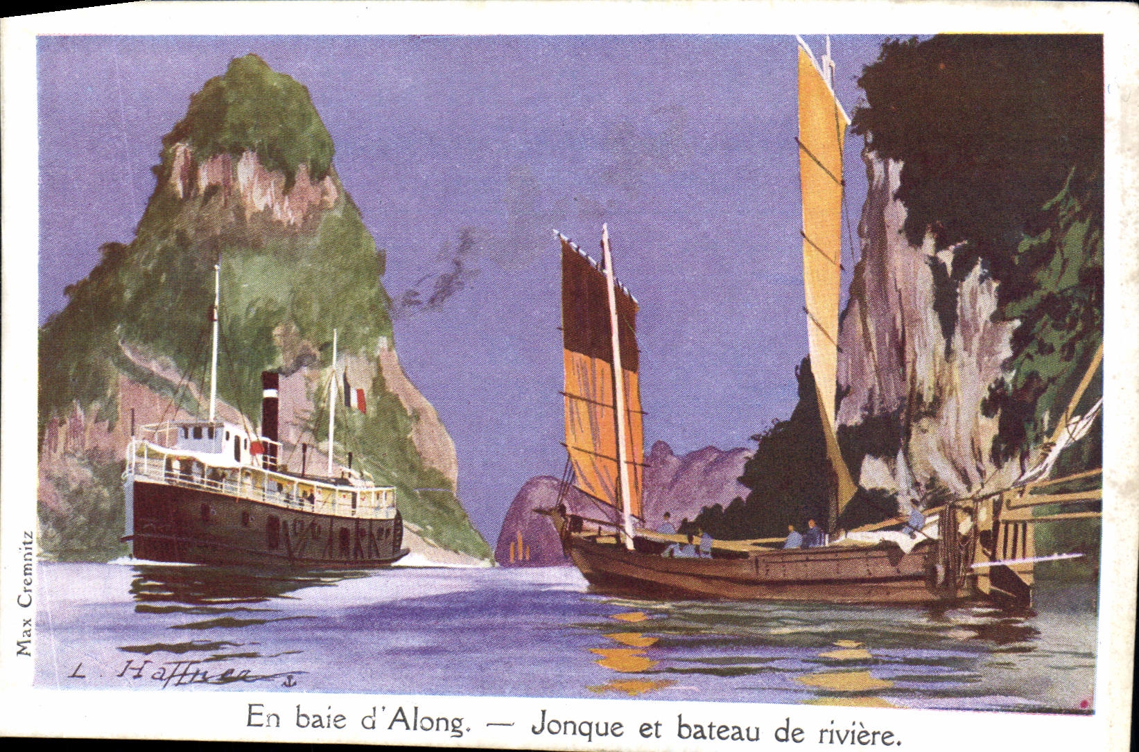 CPA Fantaisie Illustrateur Haffner Bateau de Guerre Jonque et bateau de riviere