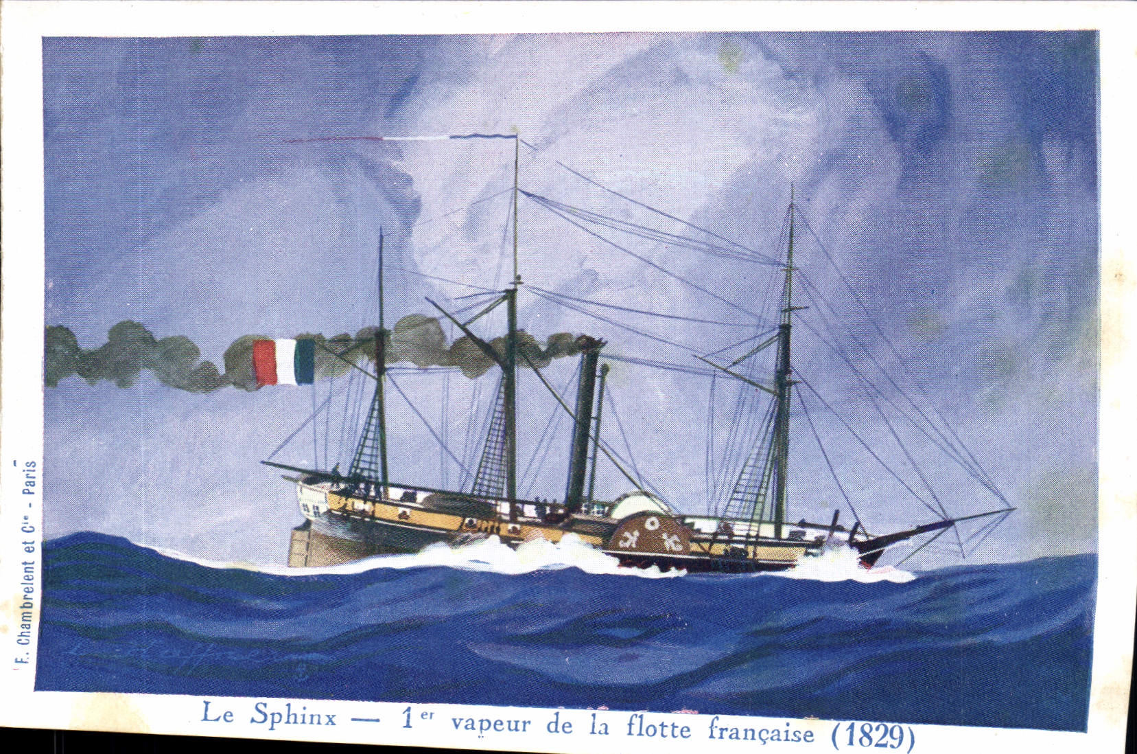 Postal Fantasia Ilustrador Haffner Barco el 1.o Esfinge vapor de la flota francesa 1829