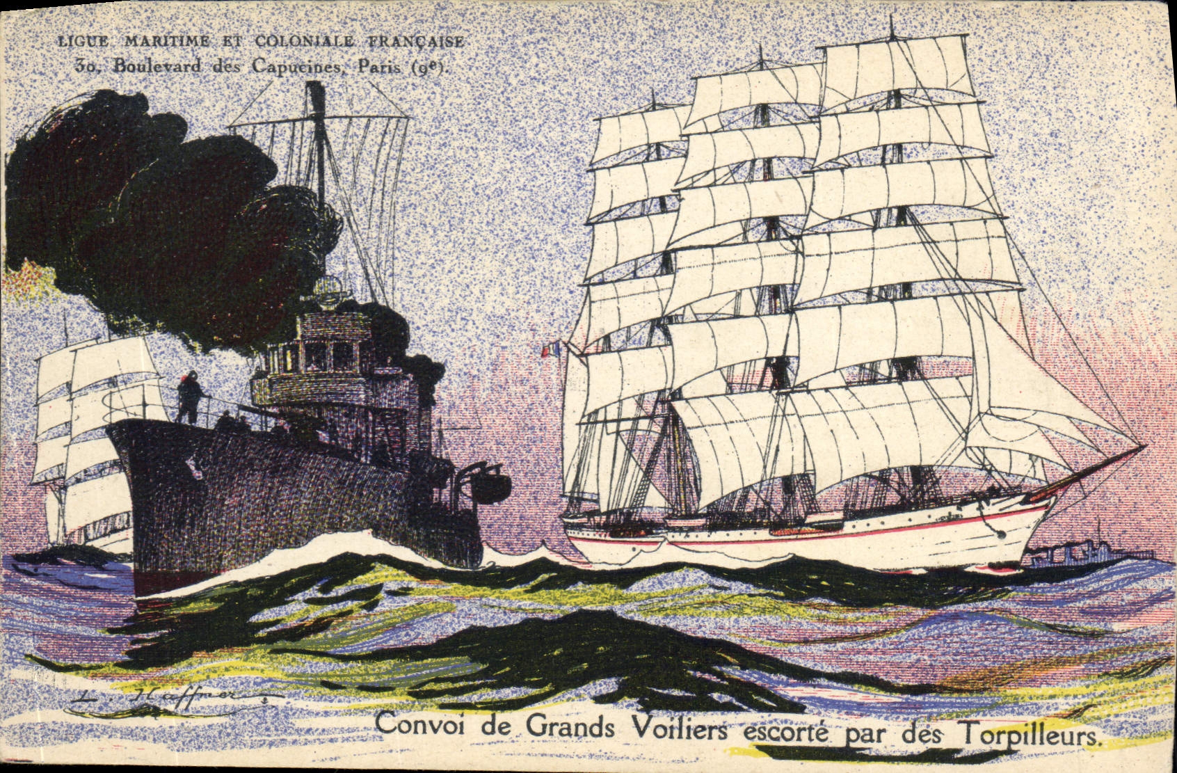 Postal Fantasia Ilustrador Haffner Buque de Guerra Convoy de grandes veleros escolta por Torpederos