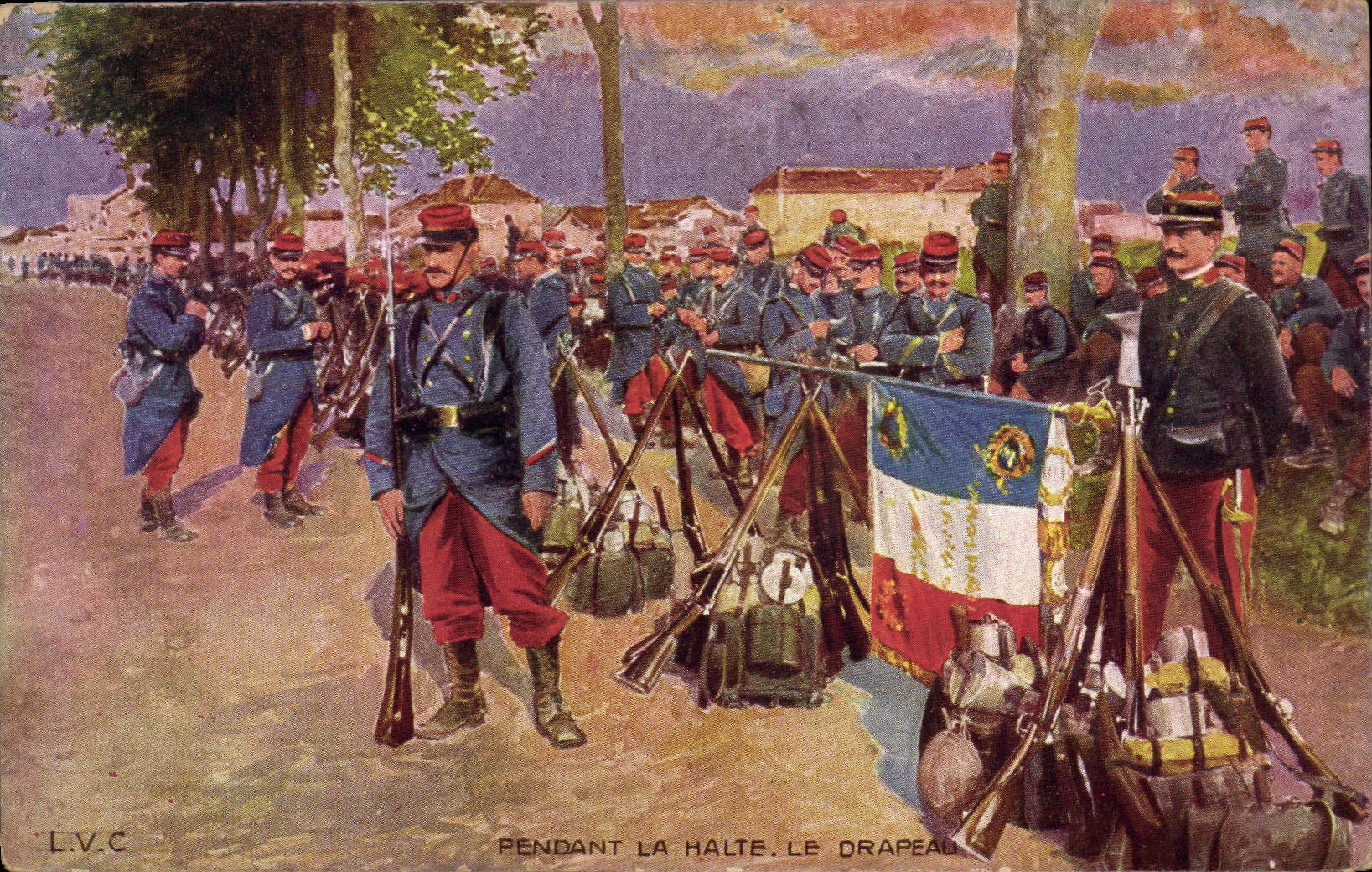 CPA Militaria Pendant la halte Le drapeau