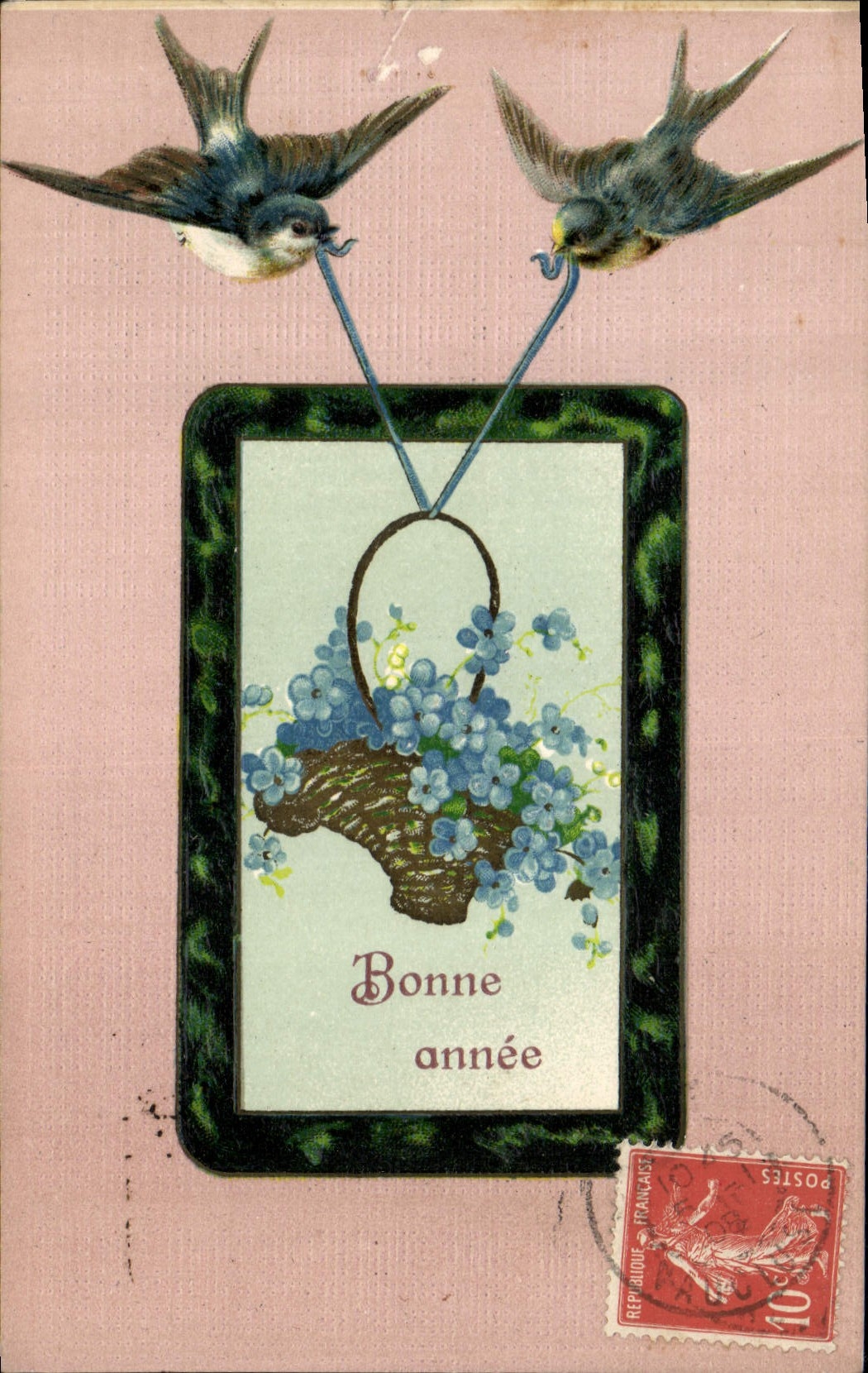 CPA Fantaisie Fleurs Hirondelles