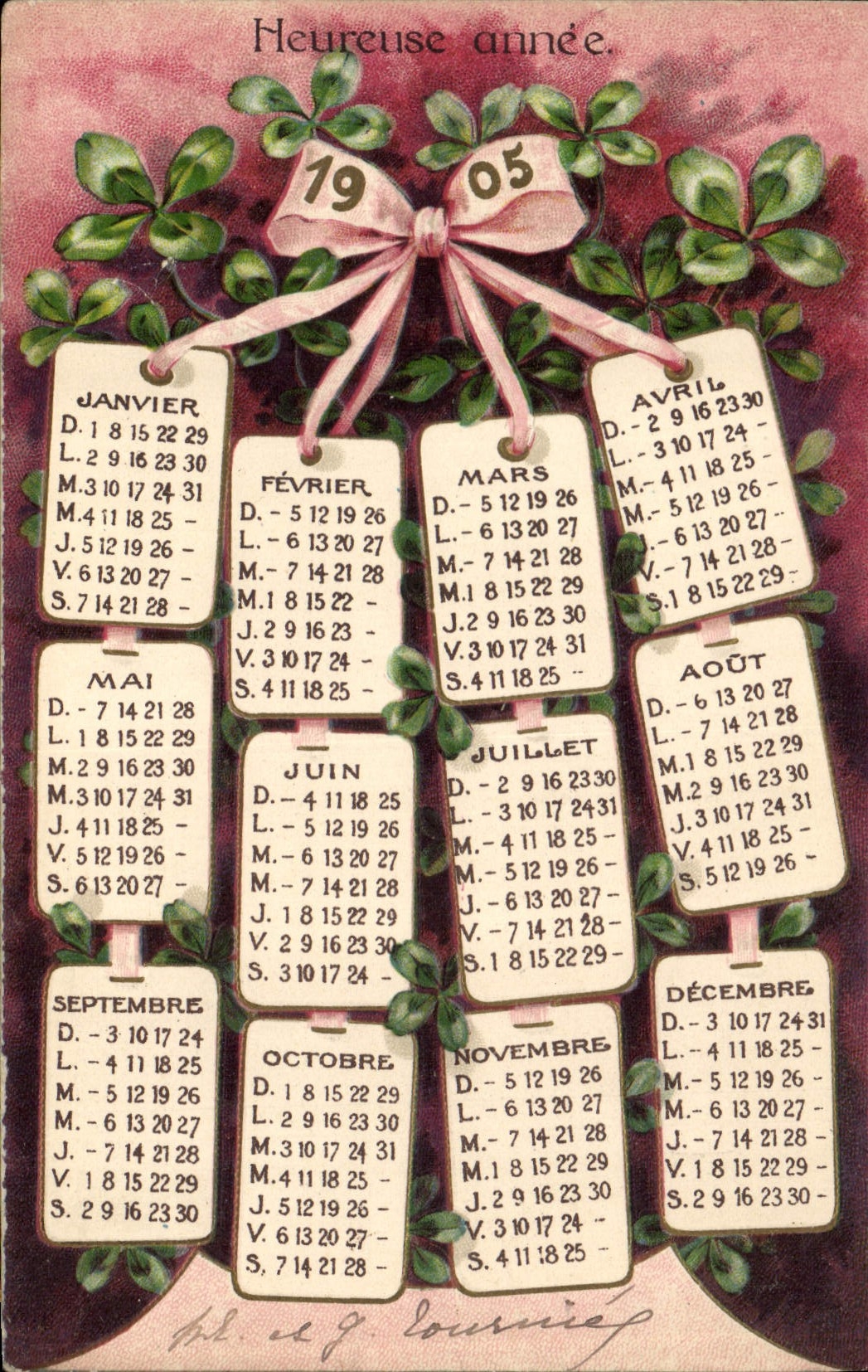 CPA Fantaisie Fleurs Calendrier 1905 Trefles