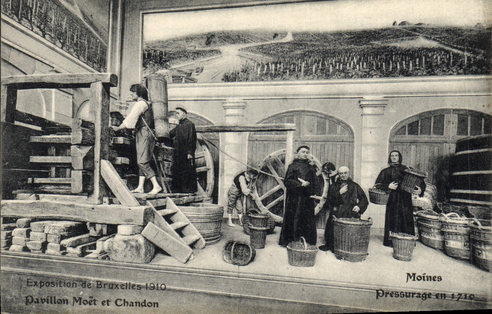 Vintage Postcard Folklore Wine Vineyards Champagne Moet House and Chandon Exposure of Brussels 1910 Monks Pressing in 1710