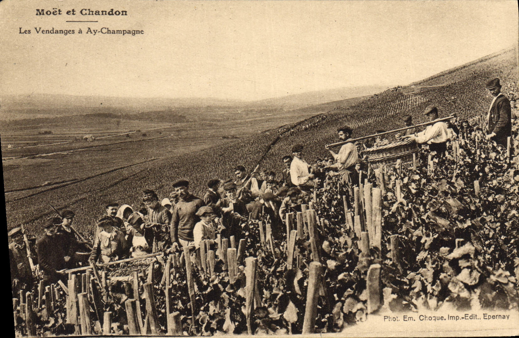 Postal Folclore Vino Viñedos Champaña Moet y Chandon las vendimias a Ay Champaña