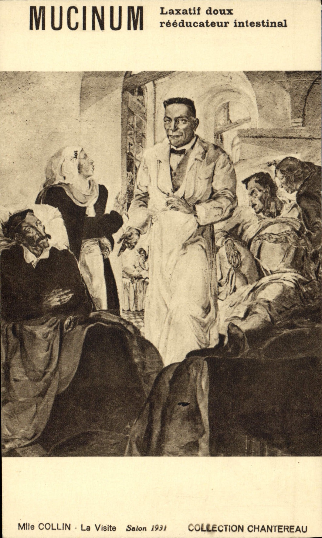 Postal Publicidad Mucinum Laxante suave reeducateur intestinal Srta. Collin la visita Doctor Salon 1931 de Chantereau