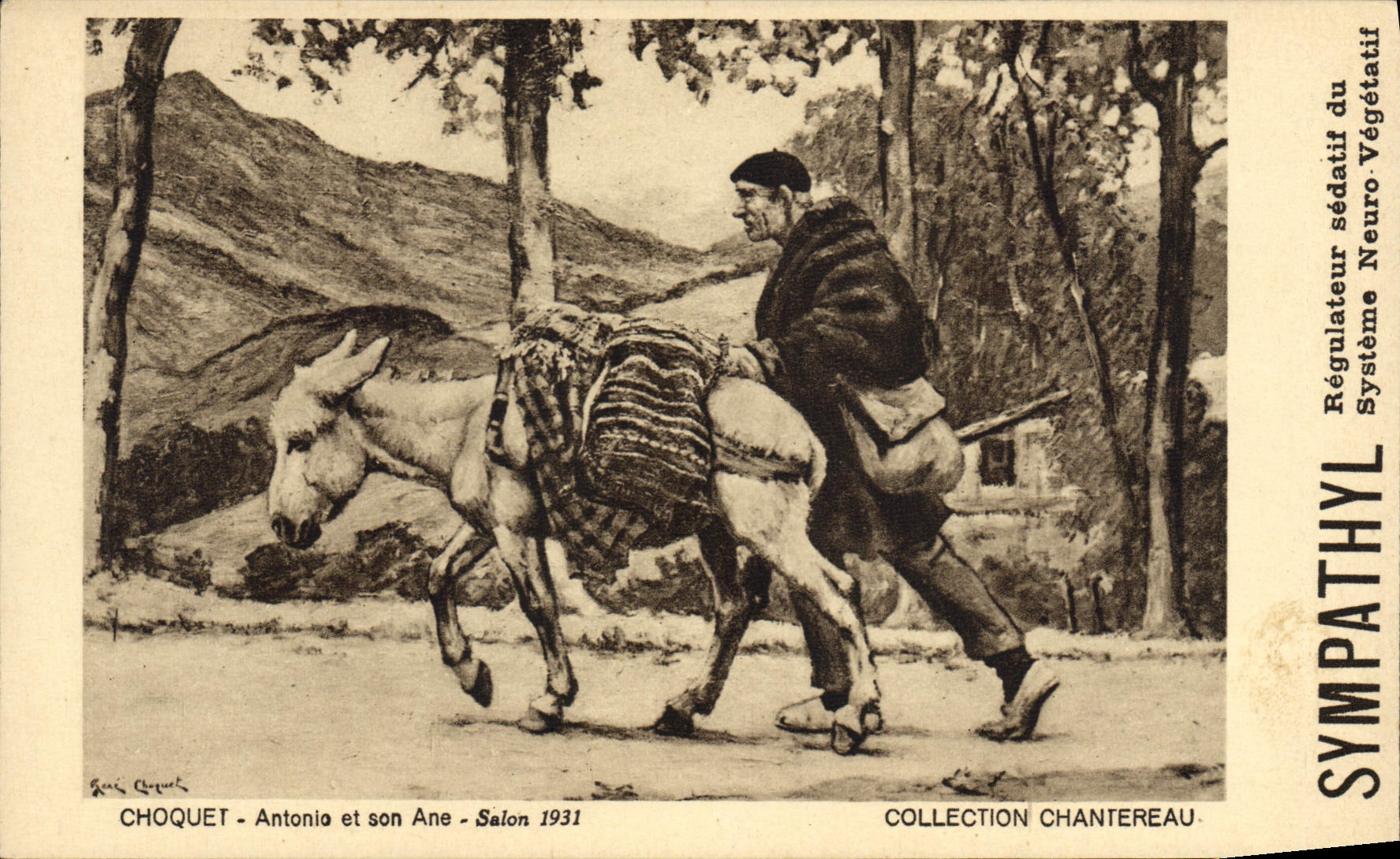CPA Publicite Sympathyl Laxatif doux reeducateur intestinal Choquet Antonio et son ane Salon 1931 Chantereau