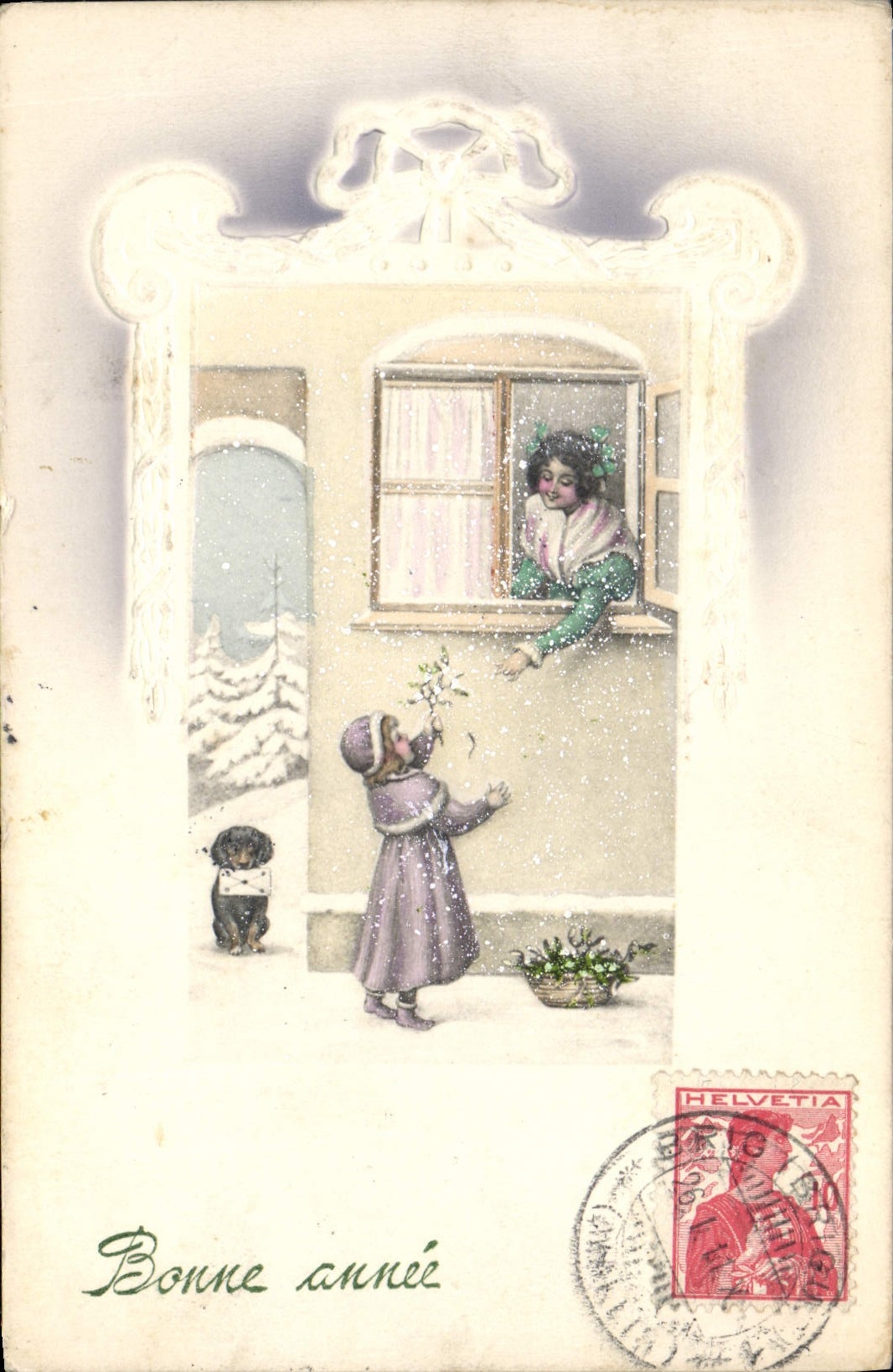 Vintage Postcard Fantasy Child wife Happy new year Dog