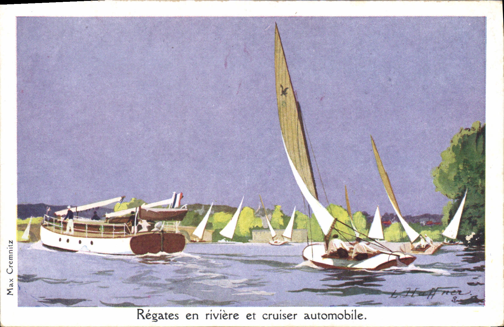 CPA Fantaisie Illustrateur Haffner Bateau Regates en riviere et cruiser automobile