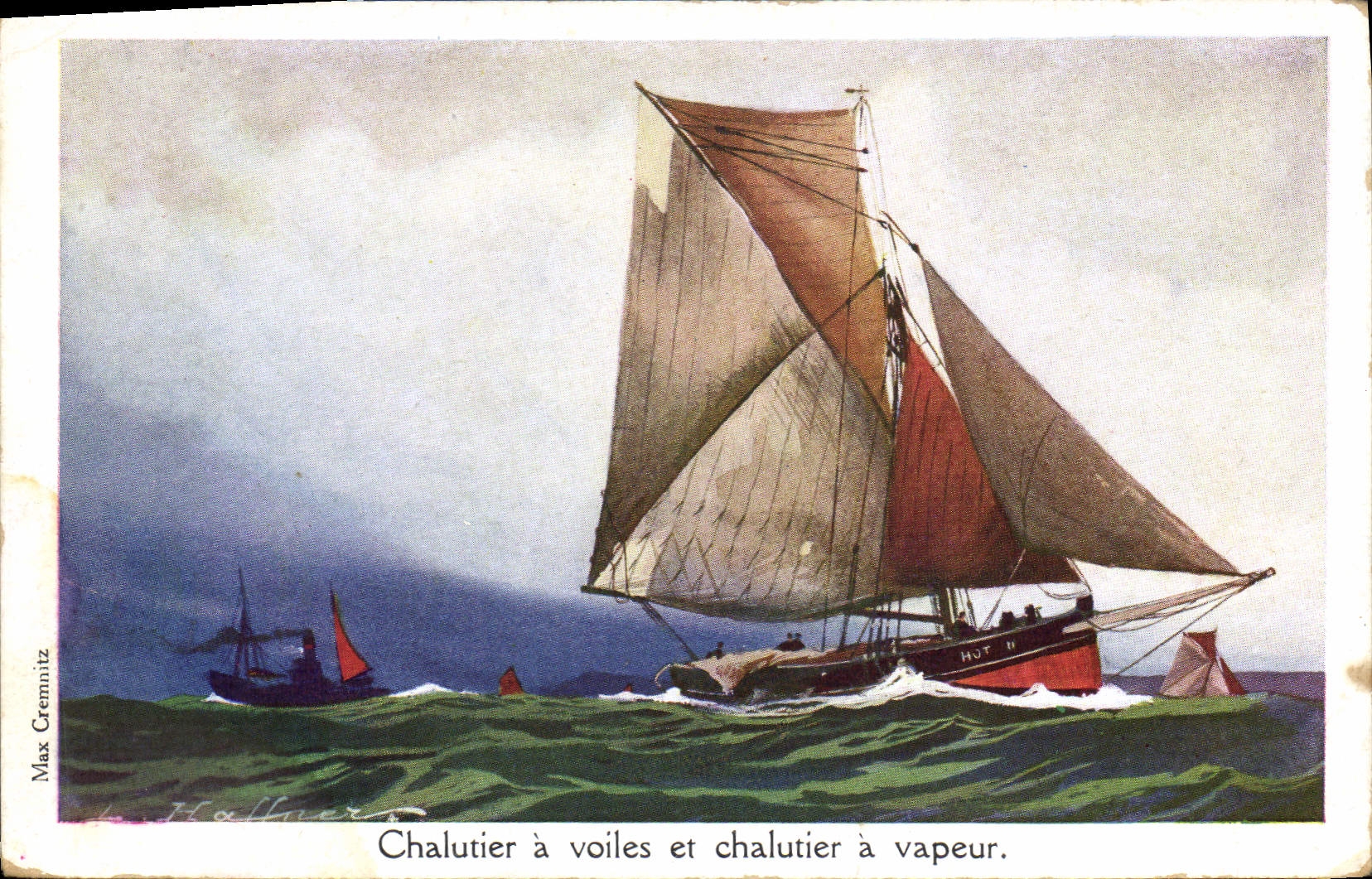 CPA Fantaisie Illustrateur Haffner Bateau Chalutier a voile et chalutier a vapeur