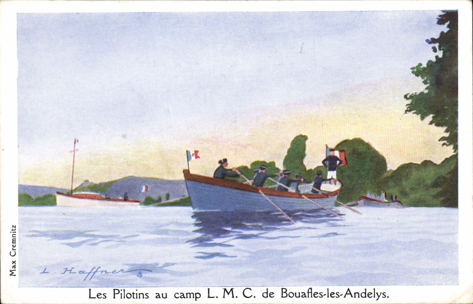 CPA Fantaisie Illustrateur Haffner Bateau Les pilotins au camp LMC de Bouafles les Andelys 