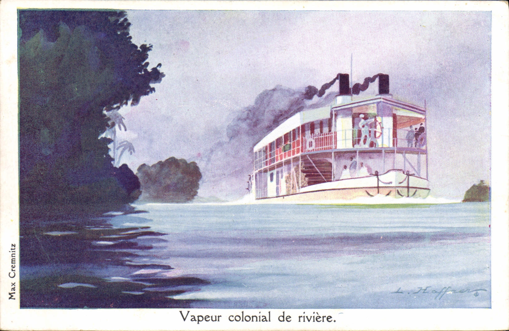 Postal Fantasia Ilustrador Haffner Barco Vapor colonial de río