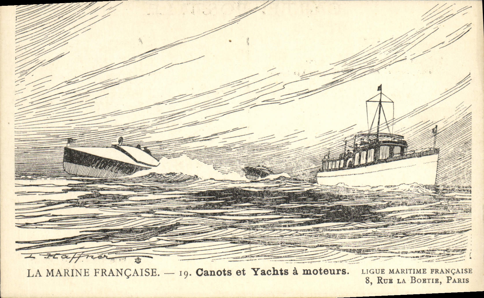 Postal Fantasia Ilustrador Haffner Barco Botes y yates tiene motor