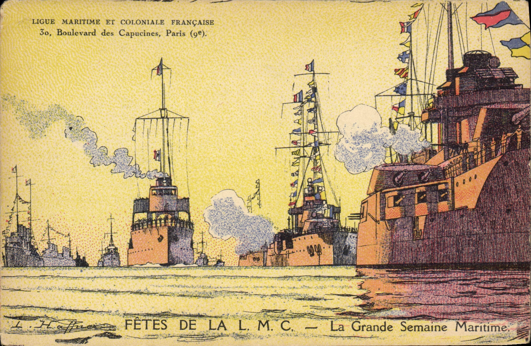 CPA Fantaisie Illustrateur Haffner Bateau de Guerre Fetes de la LMC La grande semaine maritime 