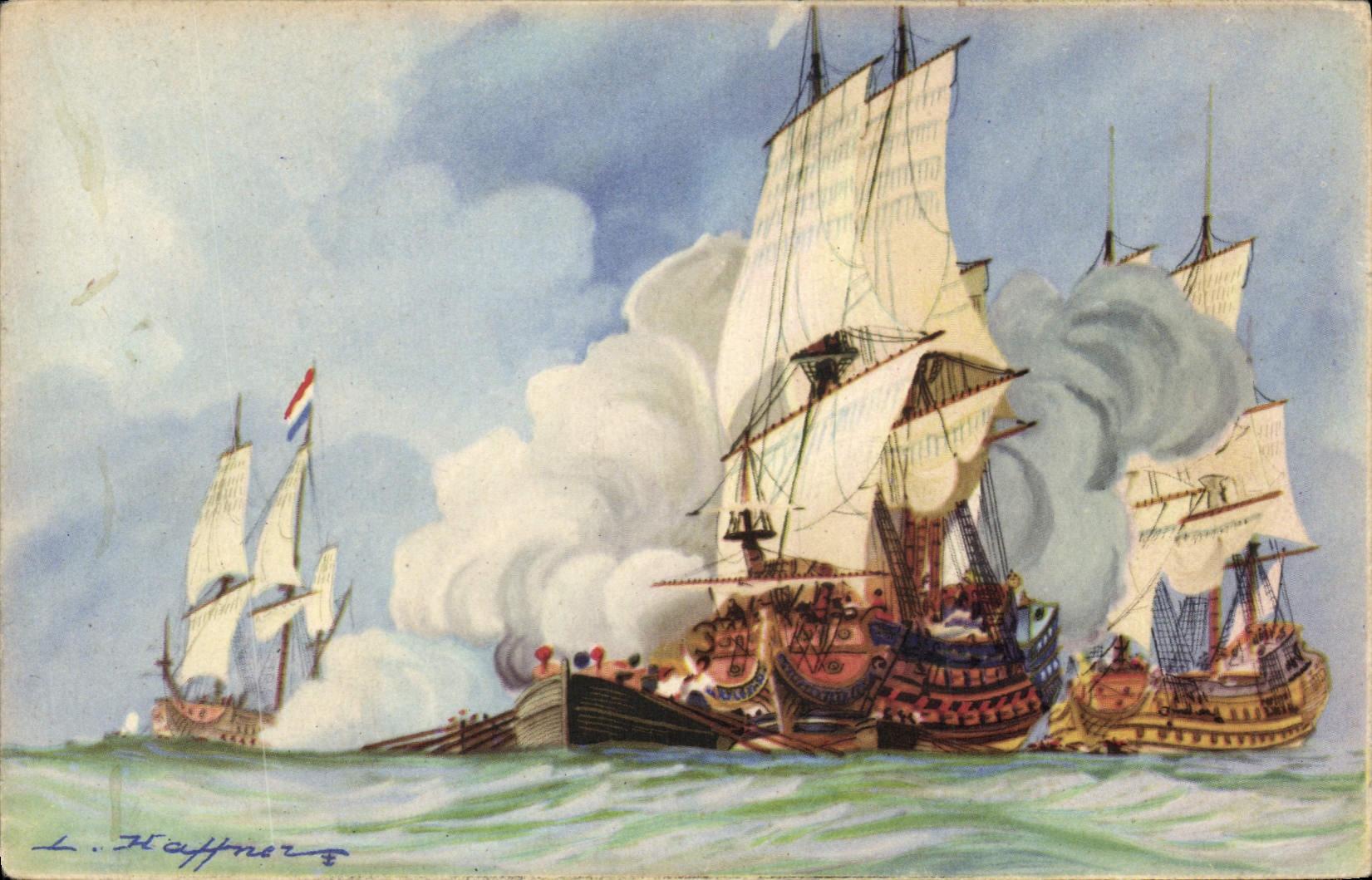 CPA Fantaisie Illustrateur Haffner Bateau de Guerre Debut de la bataille de Beveziers 