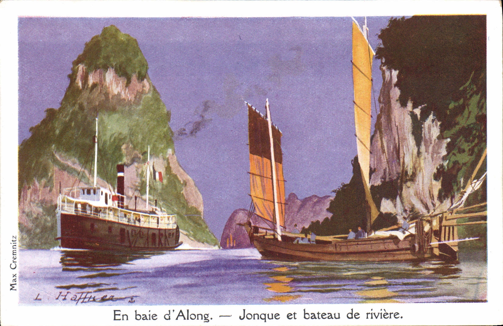 CPA Fantaisie Illustrateur Haffner Bateau de Guerre En Baie d'Along Jonquet et bateau de riviere 
