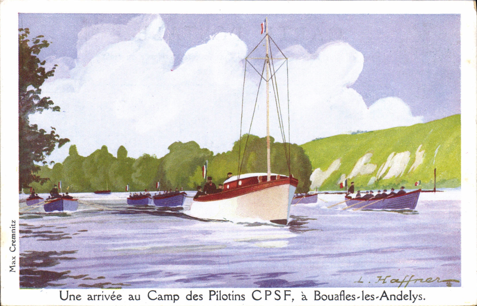 CPA Fantaisie Illustrateur Haffner Bateau Une arrivee au camp des Pilotins CPSF a Bouafles les Andelys 