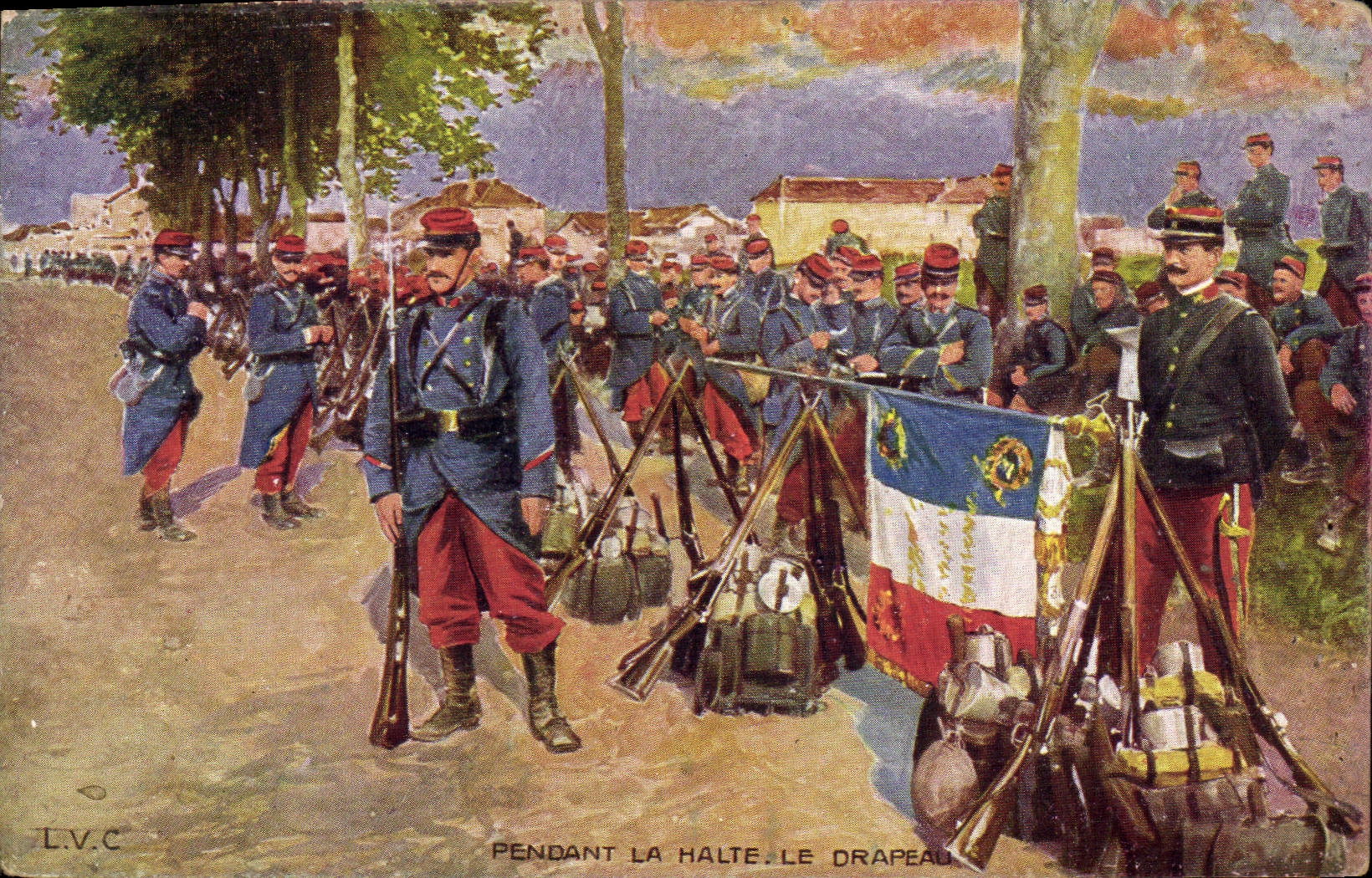 CPA Militaria Pendant La halte Le drapeau 