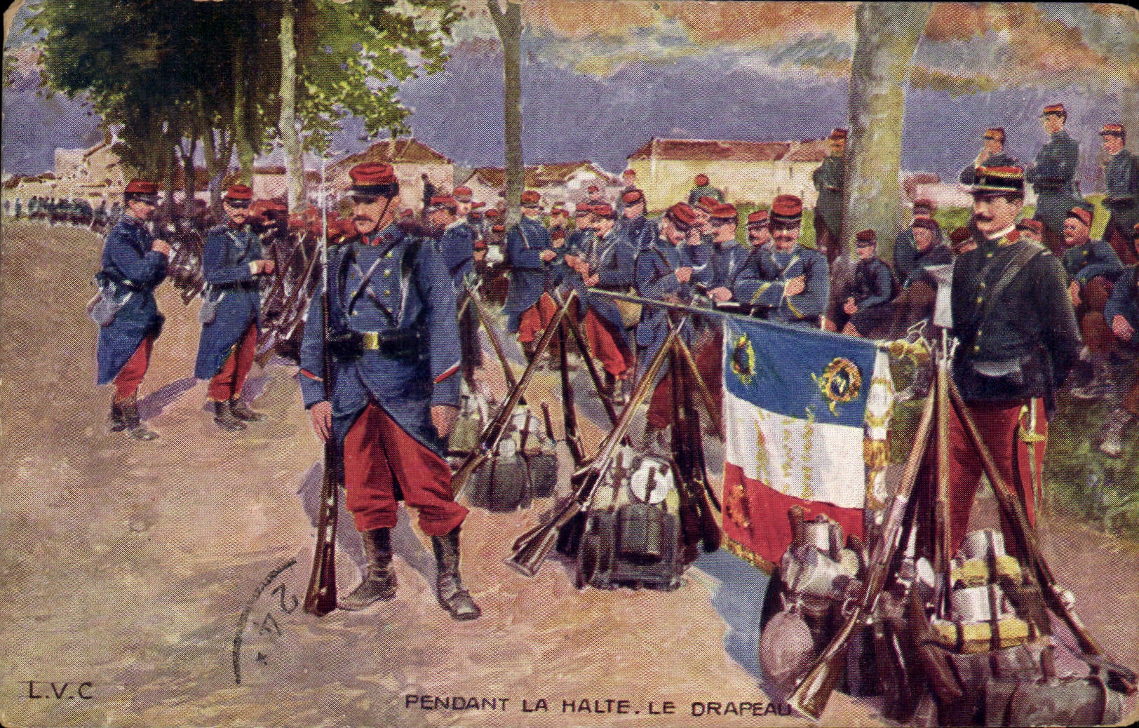 CPA Militaria Pendant la halte Le drapeau