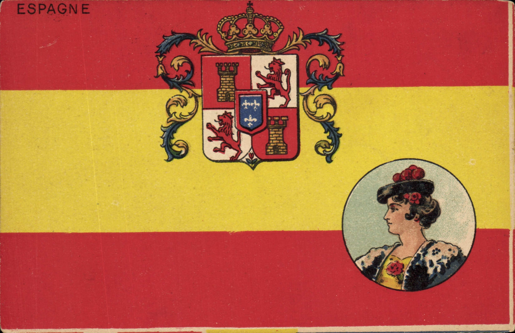 CPA Drapeau Femme Espagne Lion