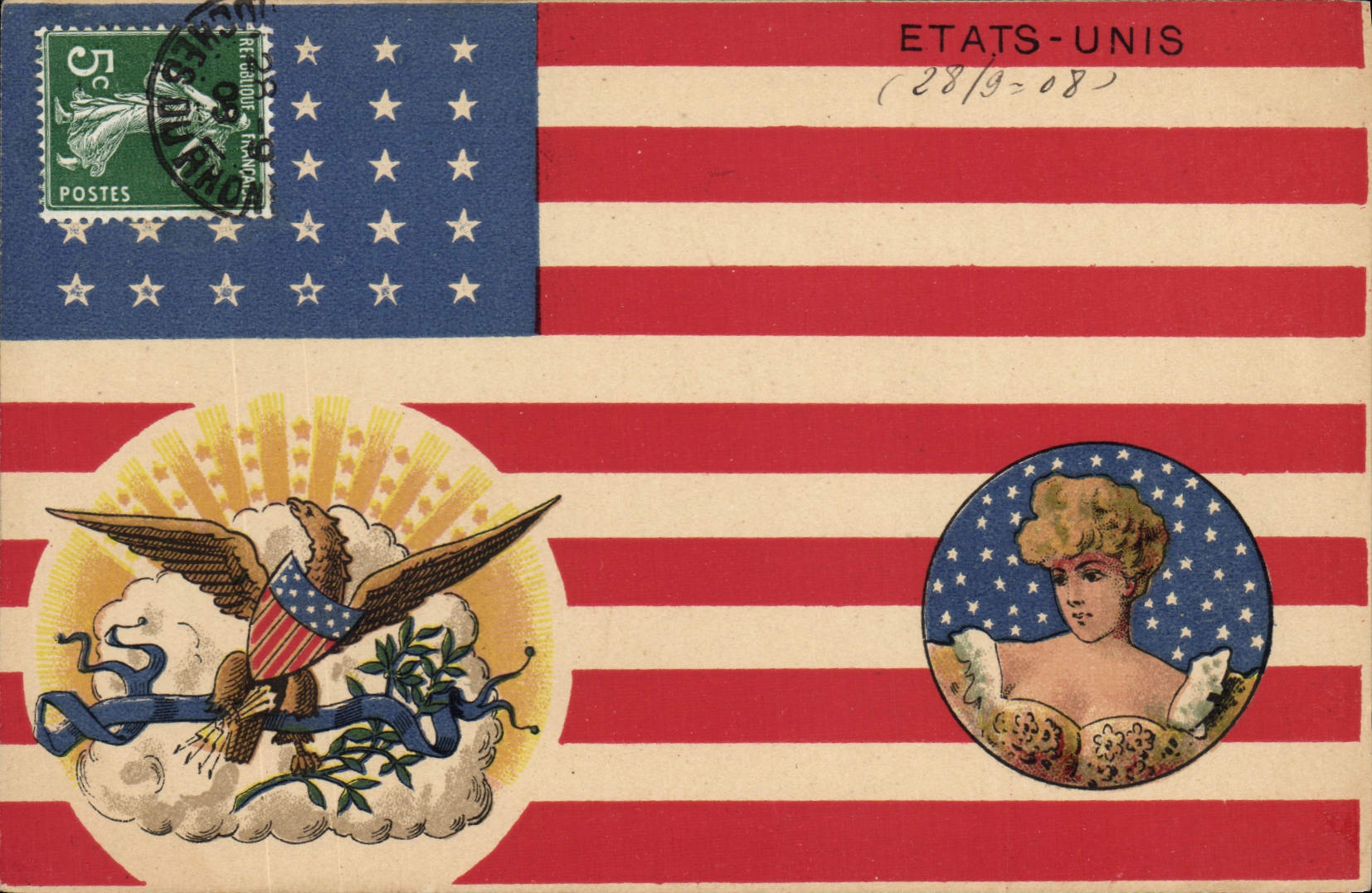 Vintage Postcard Flag Woman the Eagle United States