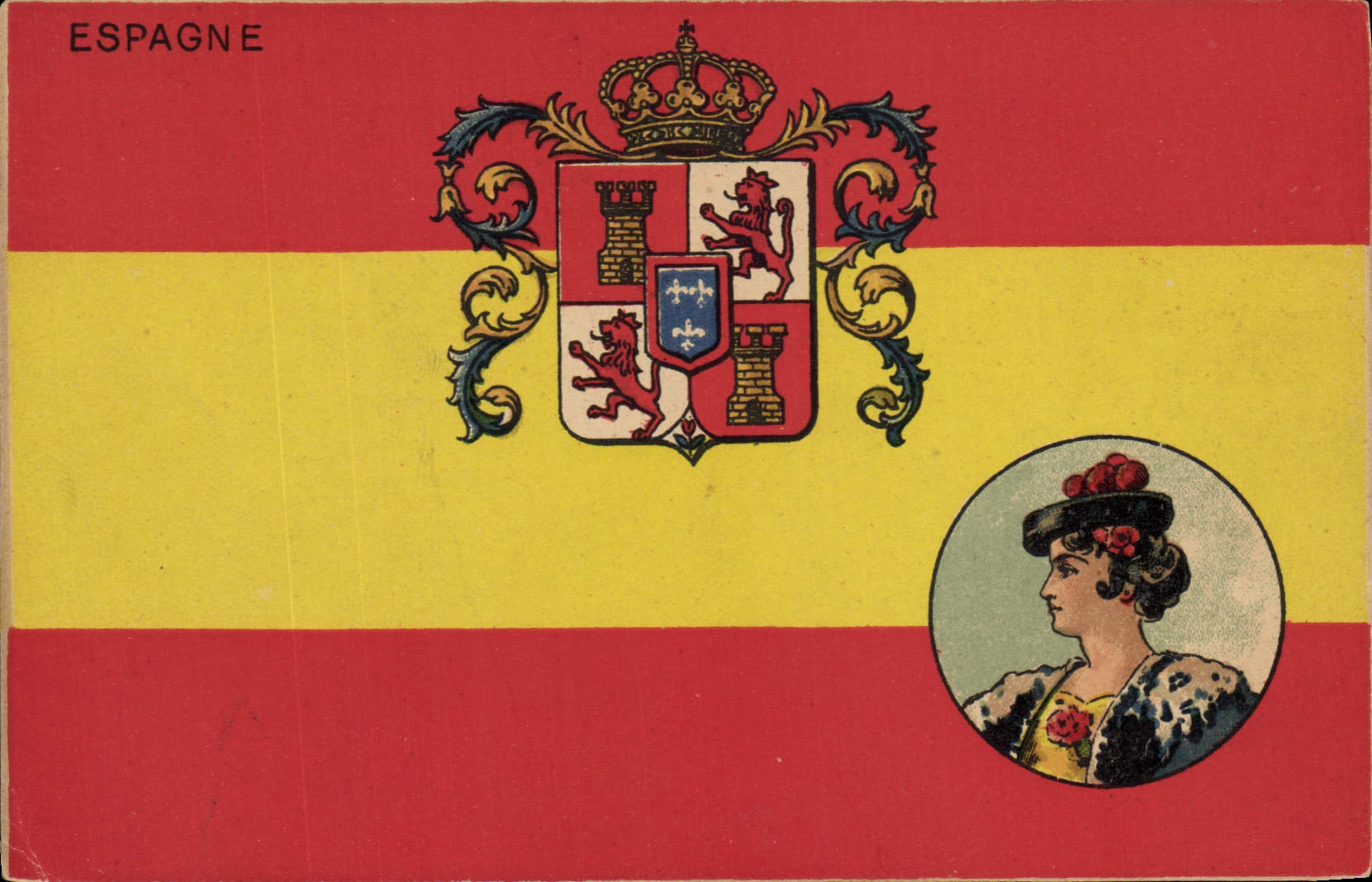 CPA Drapeau Femme Espagne Lion