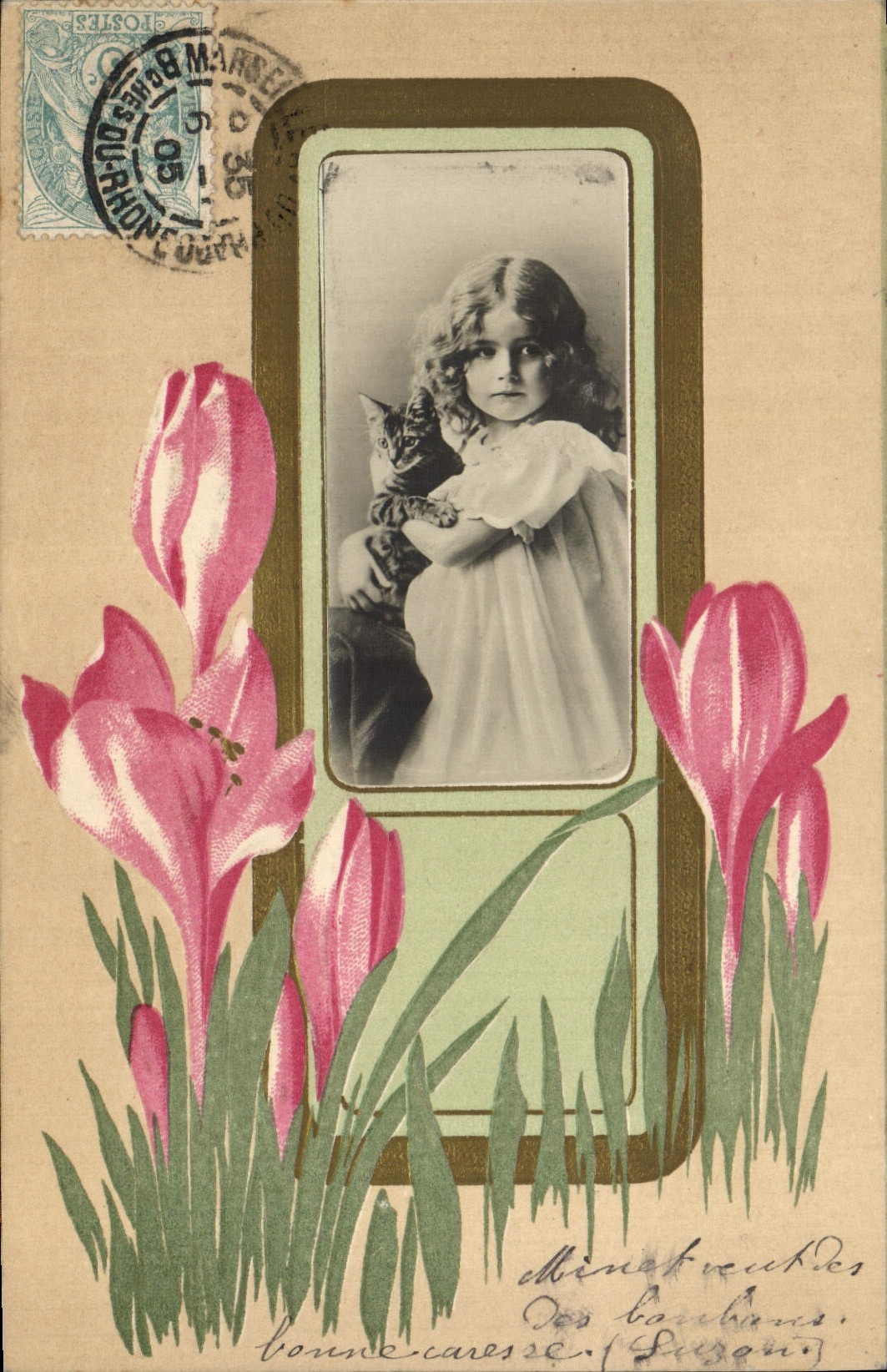 CPA Fantaisie Fleurs Enfant Chat Chaton 