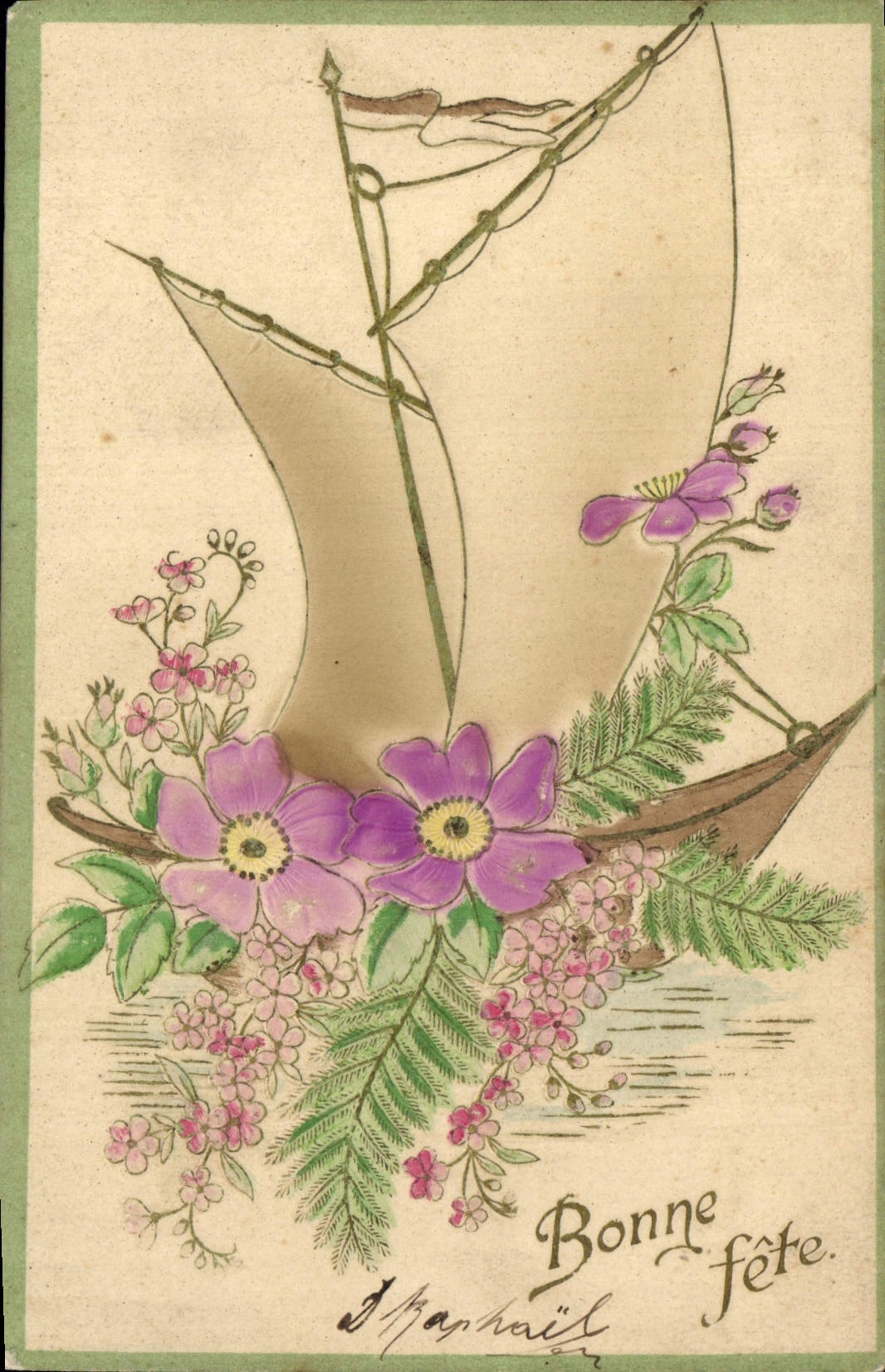 CPA Fantaisie Fleurs Bateau Voilier 