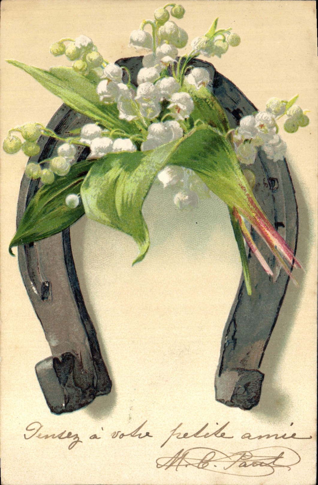 Vintage Postcard Fantaisie Flowers Horseshoe Muguet