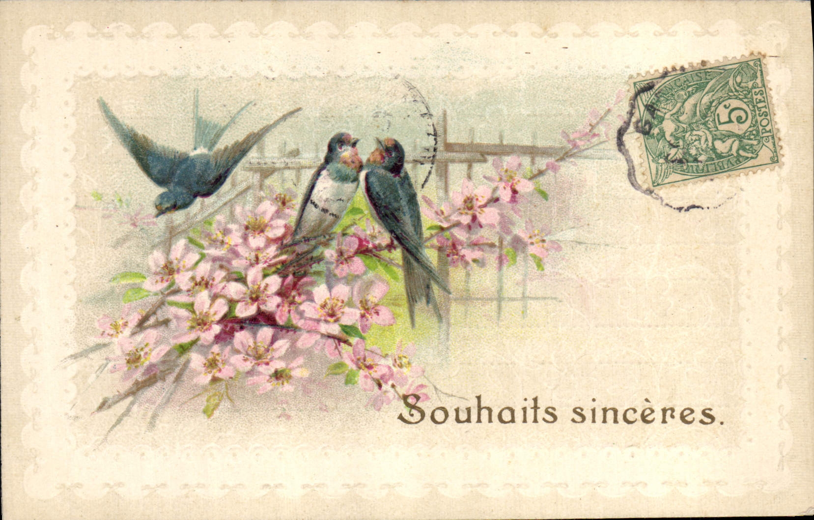 CPA Fantaisie Fleurs Hirondelles 