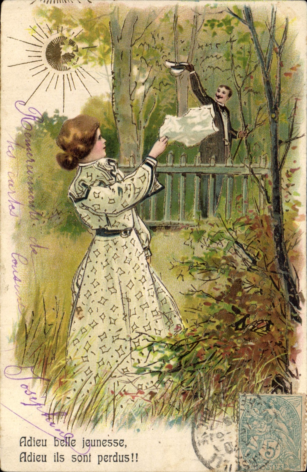 CPA Fantaisie Fleurs Femme Soleil Adieu belle jeunesse 