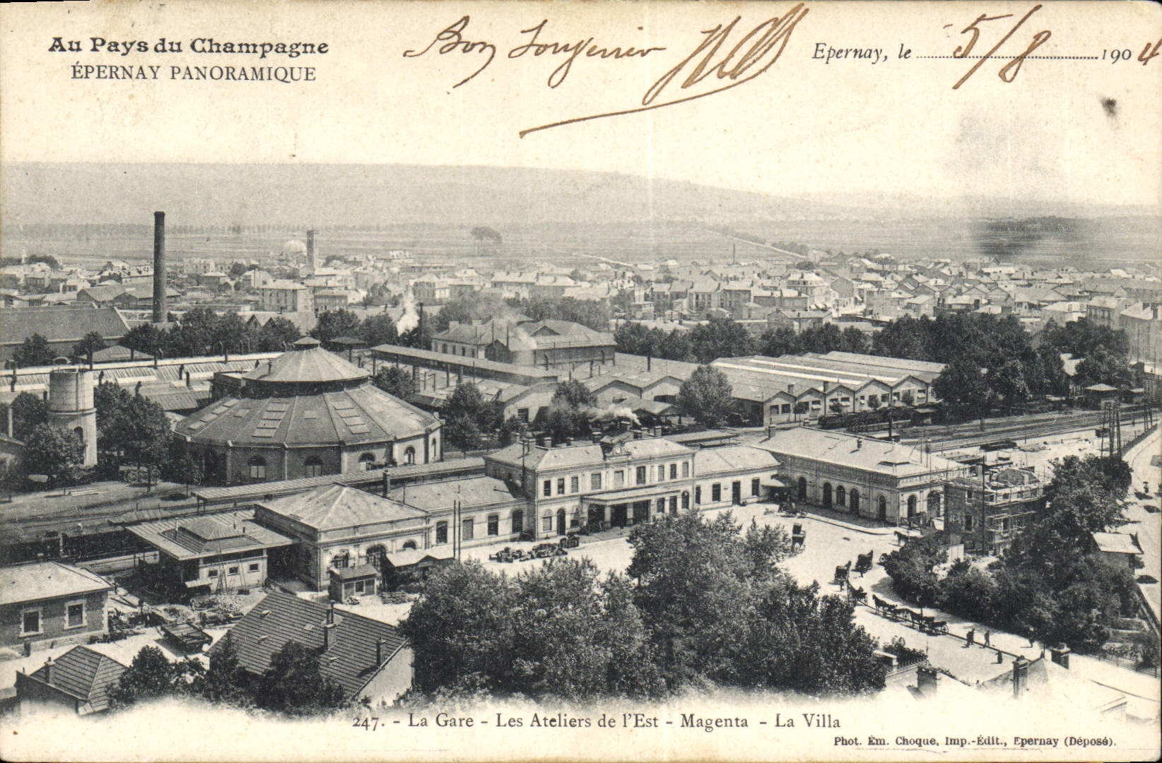 Postal Folclore Vino Vendimia Champaña Epernay la estación los talleres del Este Magenta el chalet