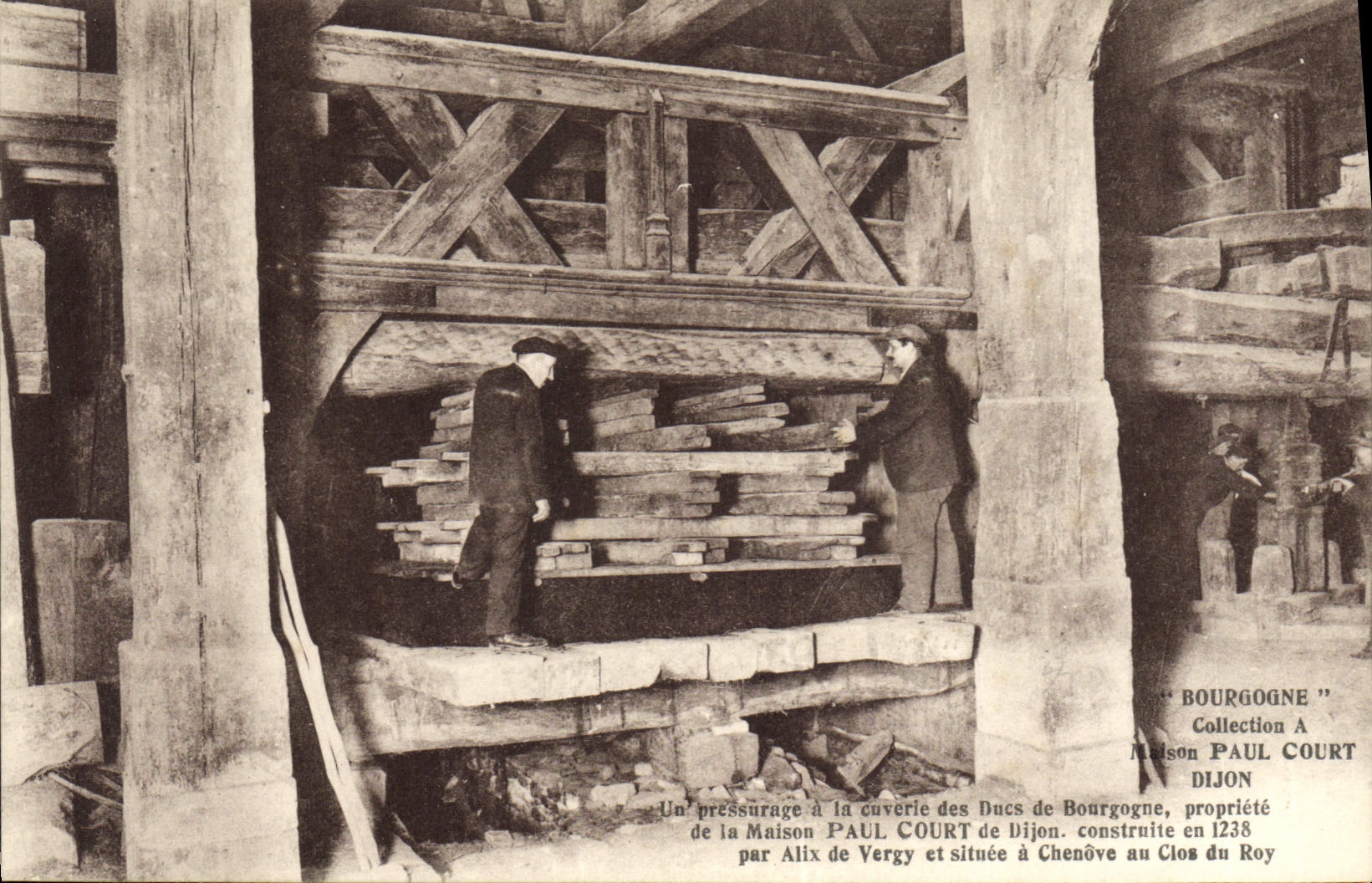 Vintage Postcard Folklore Wine Vintage Champagne House Paul Court Dijon a pressing has the fermenting room of the Dukes of Burgundy Alix de Vergy situee has Chenive at the Field of Roy