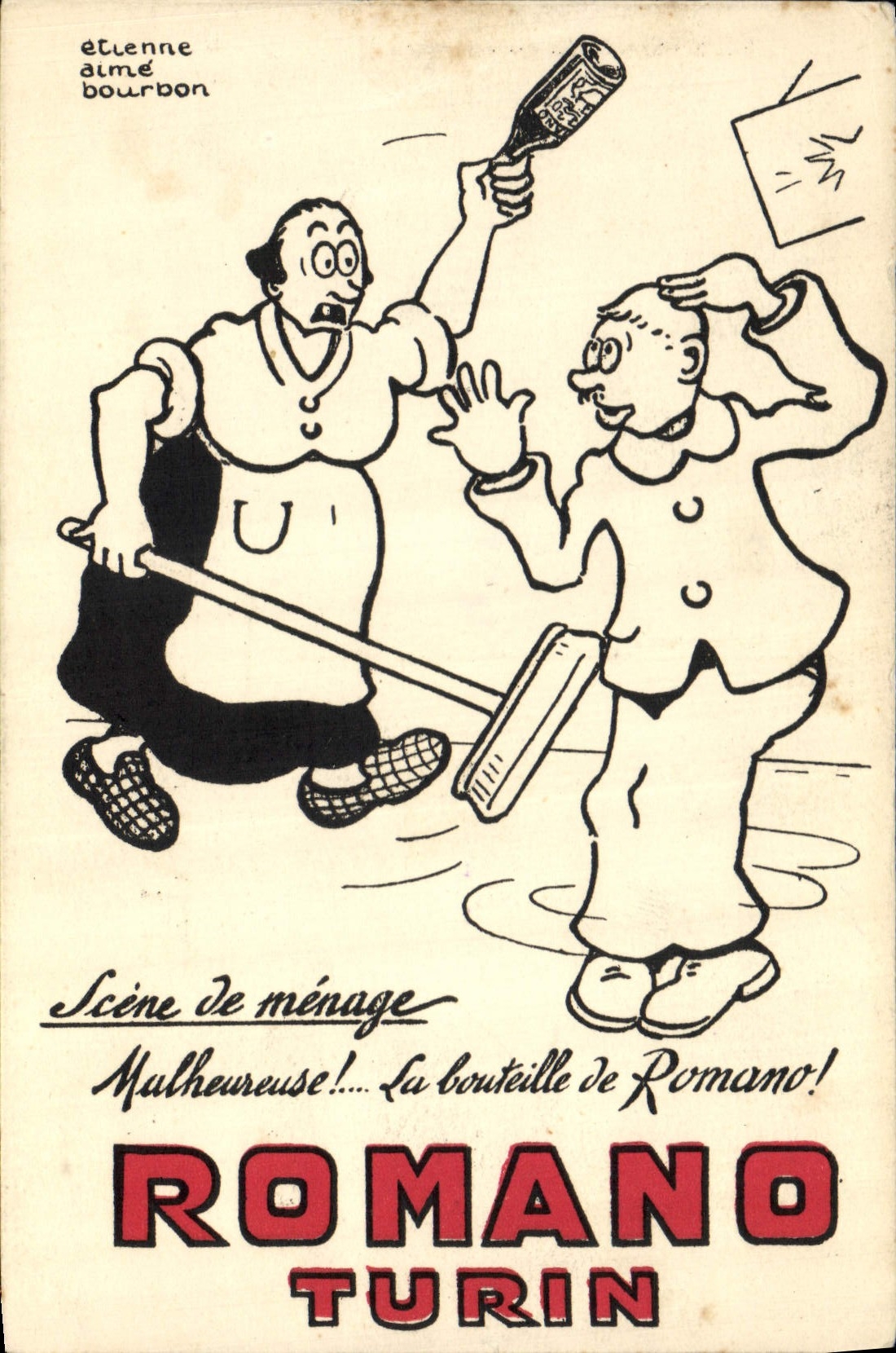 CPA Publicite Scene de menage Romano Turin Etienne Aime Bourbon Bouteille